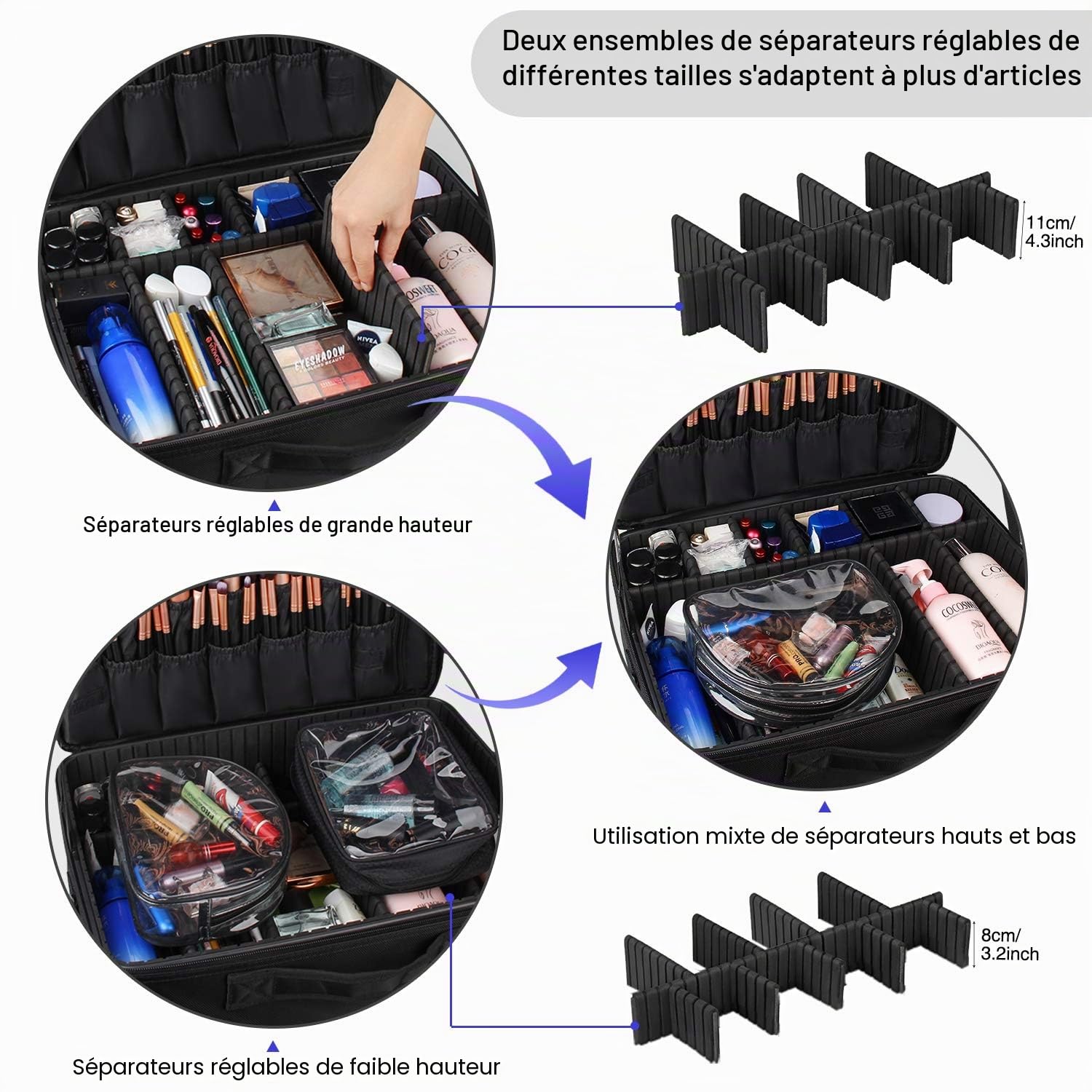 Relavel Trousse de maquillage professionnelle extra large pour les voyages et les maquilleurs, portable avec compartiments réglables, port pour chariot et bandoulière, noire