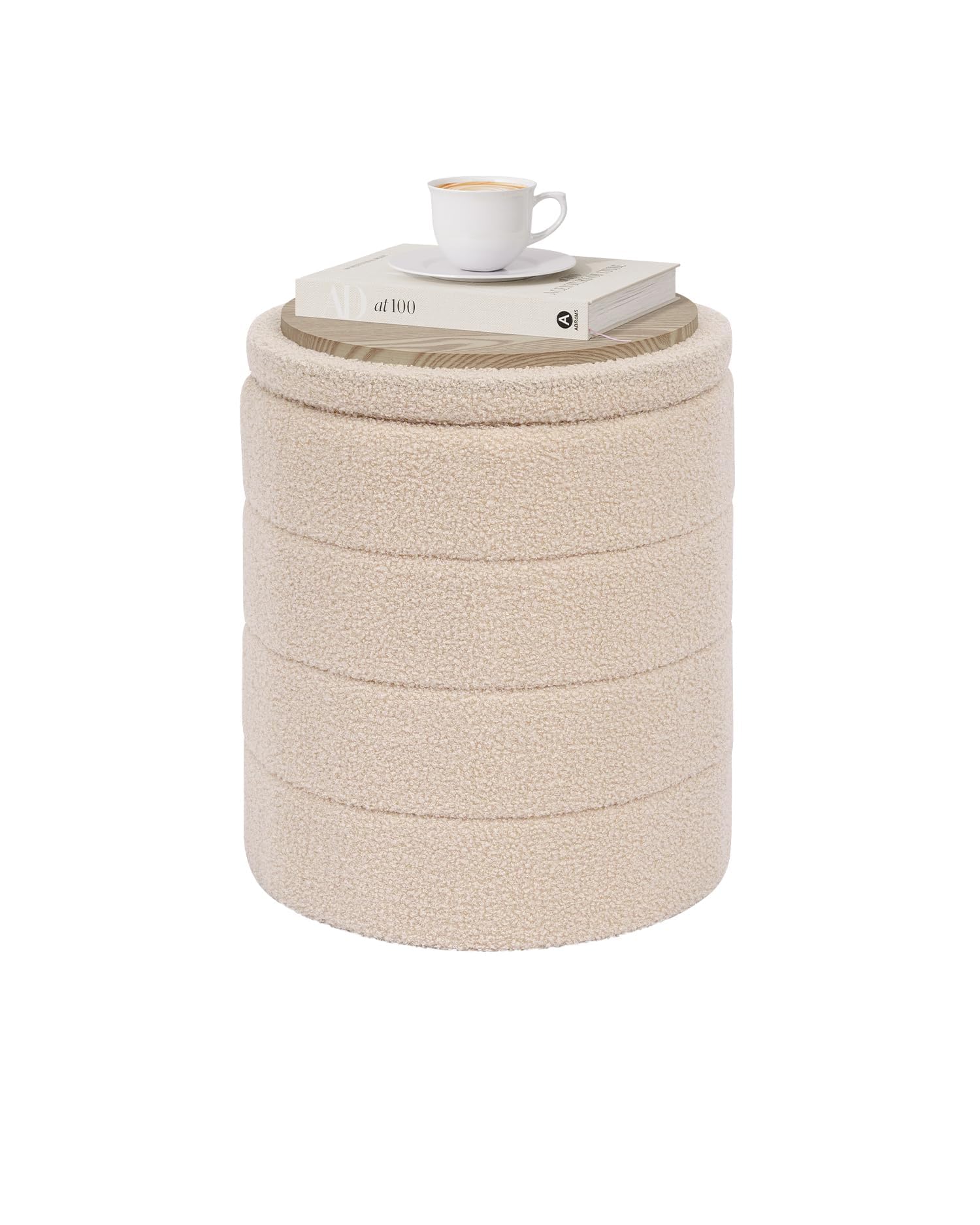 PINPLUS Round Ottoman Storage Box in Boucle Fabric, Padded Convertible Coffee Table & Folding Footstool for Living Room, Bedroom, 37×37×45 cm, Beige