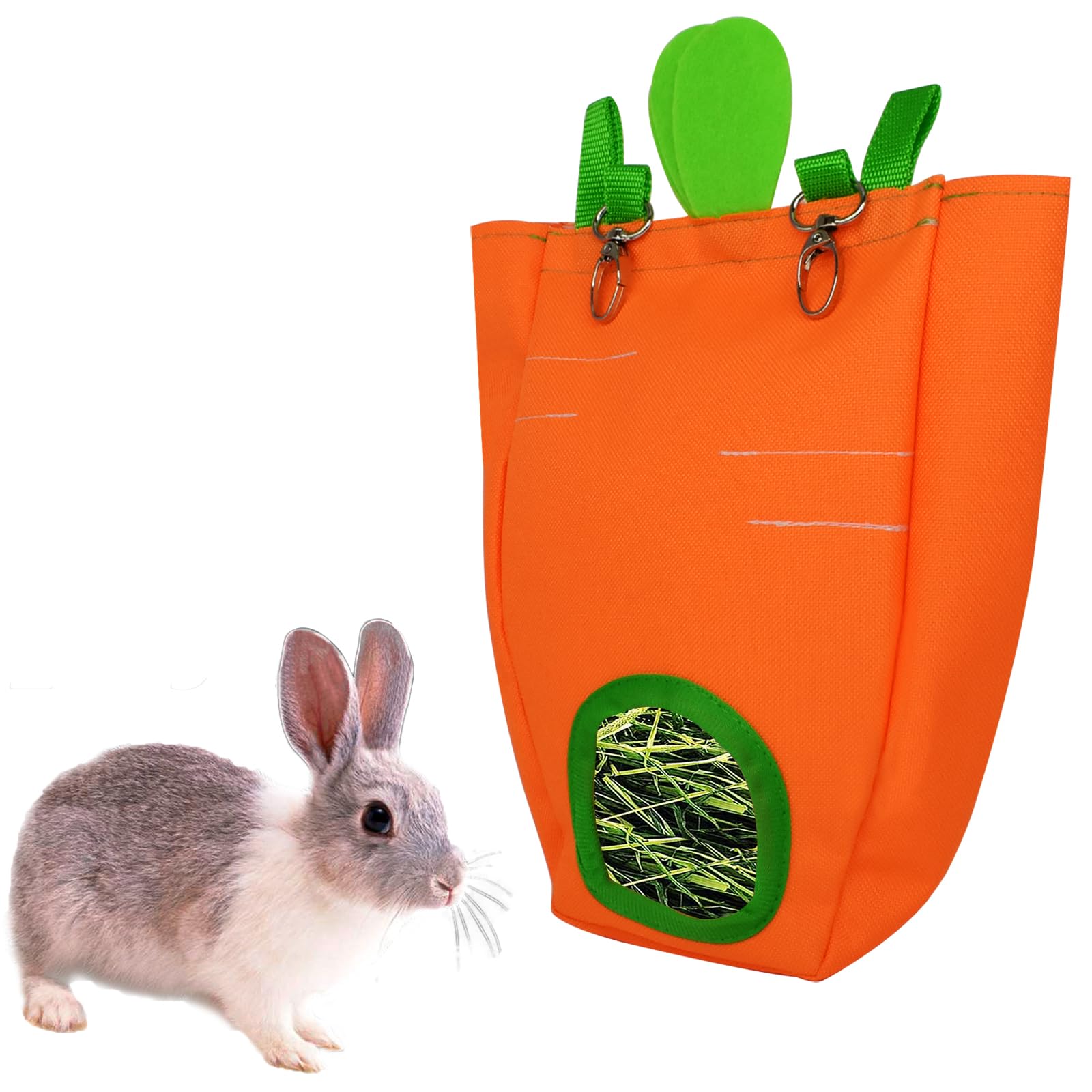 GKYZBB Rabbit Hay Feeder Bag for Cage Guinea Pig Timothy Hay Dispenser Storage Manger Hanging Large Less Waste for Bunny (Carrot)