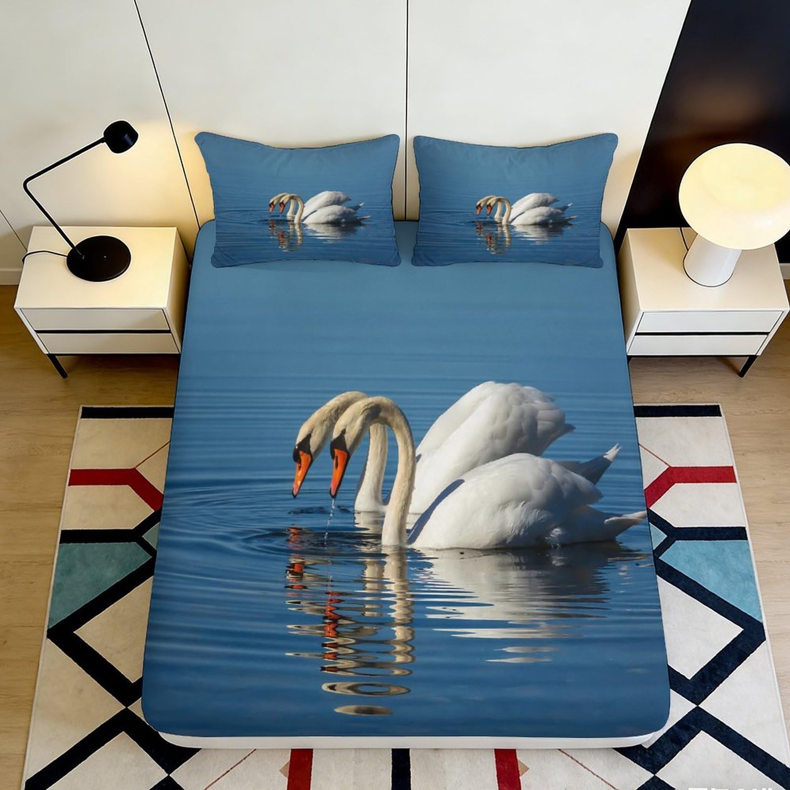 3D Printed Swan Lake Fitted Sheet Microfiber Soft Breathable Swan Reflection Mattress Cover for Bedroom Dormitory Guest Room Bed Protection Decor 180x200x25cm