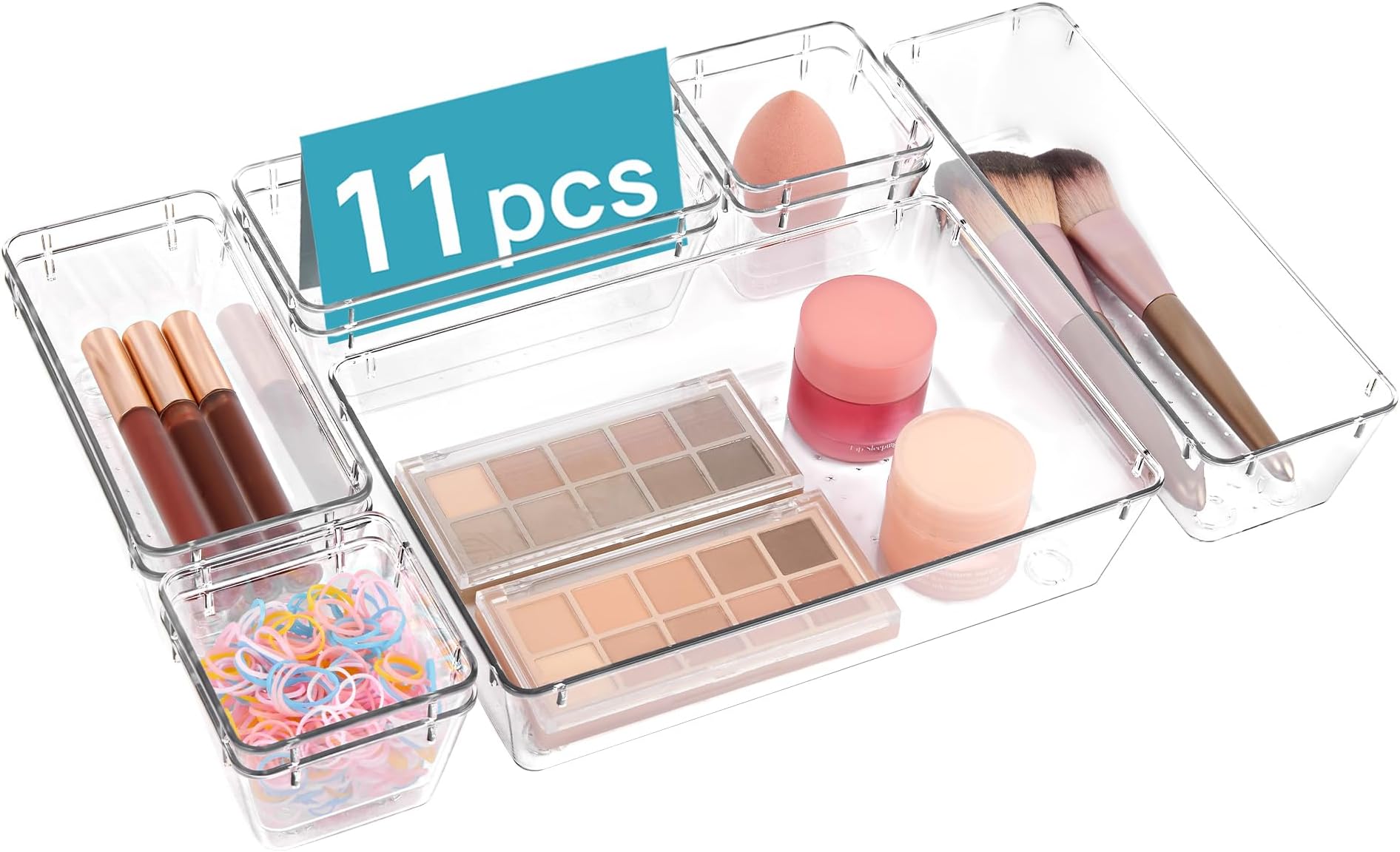 Vtopmart 11 Pcs Drawer Organizer Set, 4 Size Tool Drawer Organizers and Storage, Clear Plastic Drawer Organizer Storage Bins for Gadgets, Acrylic Organizer Tray for Garage Drawer Organization