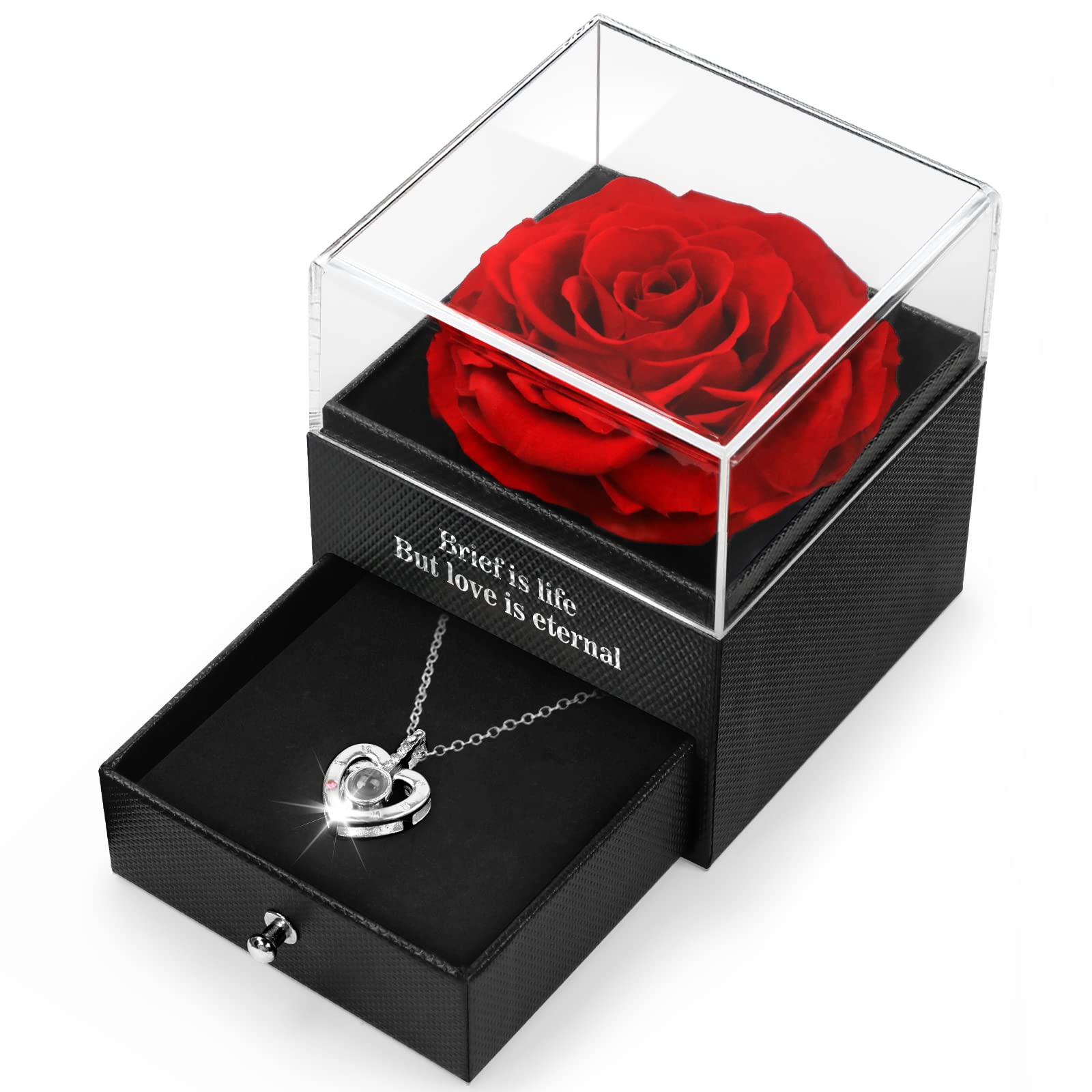HEGUD Rosa Eterna Natural Preservada con Collar,Regalos Originales para Mujer, Novia, Mama Día de San Valentín, Aniversario, Día de la Madre, Bodas, Cumpleaños, Navidad