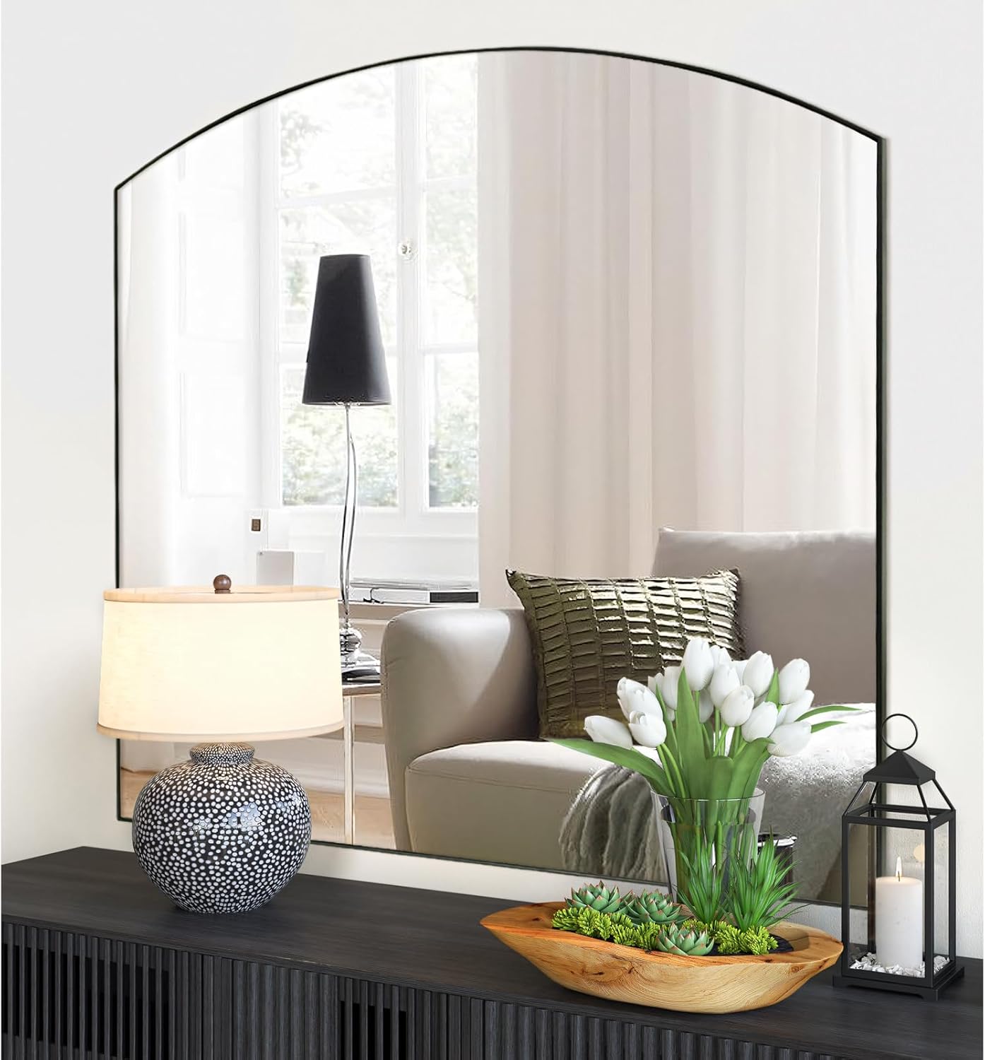 Matte Black Arched Window Mirror, 36" Metal Frame Decorative Wall Mirror, Windowpine Mirrors for Living Room, Bedroom, Entryway 36"L x 36"W Black-1