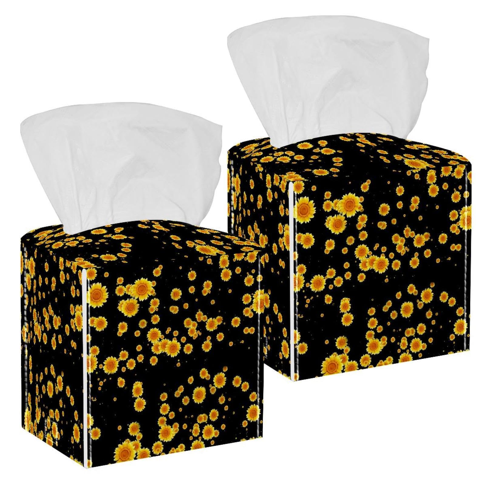 Sunflower Tissue Box Cover, 2 Pack PU Leather Square Facial Tissue Dispenser Box holder for Home Office Car