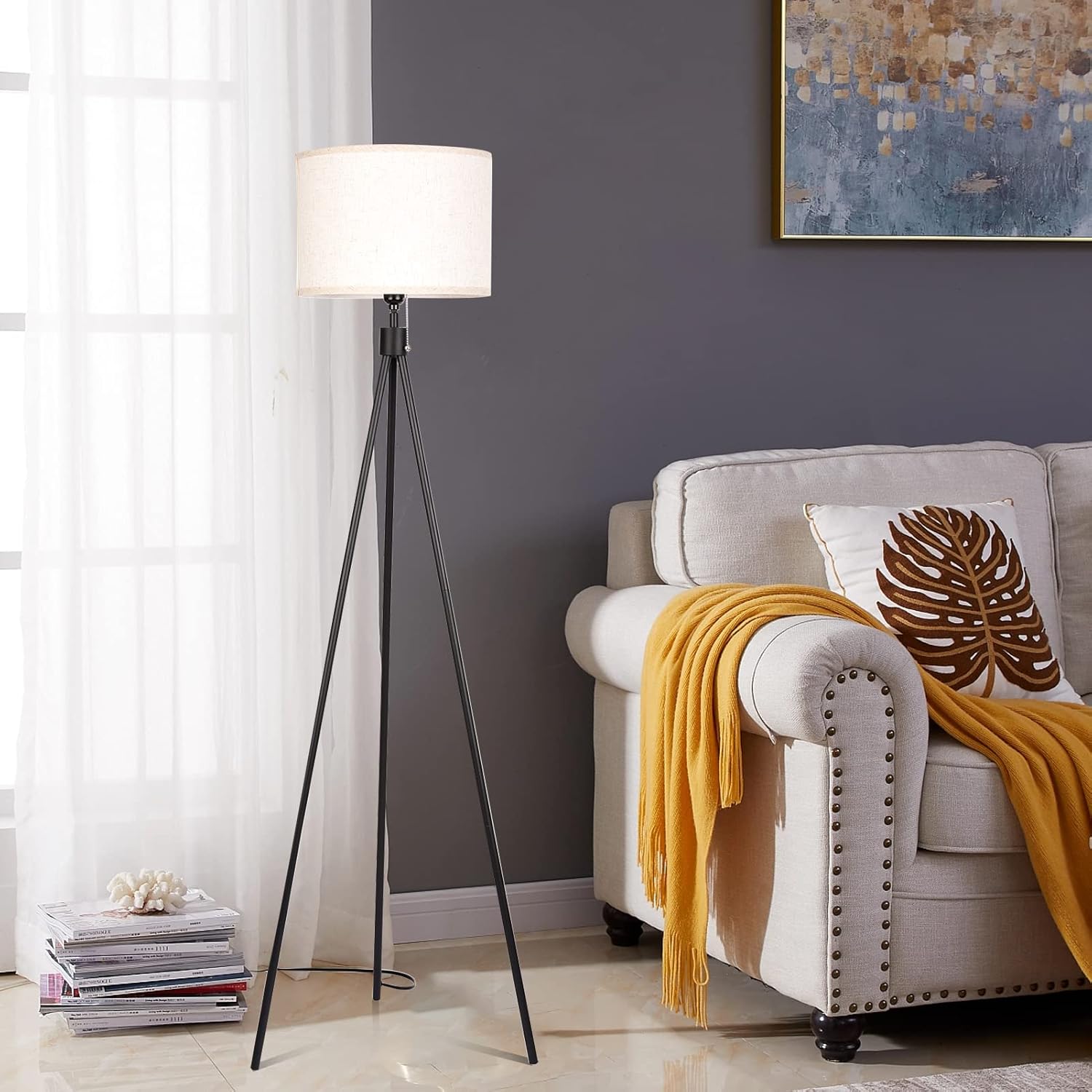 Tripod Floor Lamp, Mid Century Standing Lamp for Living Room, Linen Lamp Shade, with E26 7W LED Bulb Modern Design Standing Lamp for Living Room Bedroom Office Study