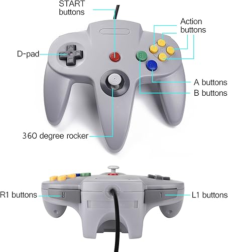 Miniatura 3 de KIWITATA Paquete de 2 controladores clásicos N64, Retro N64 con cable actualizado, mando a distancia compatible con consola N64, color gris