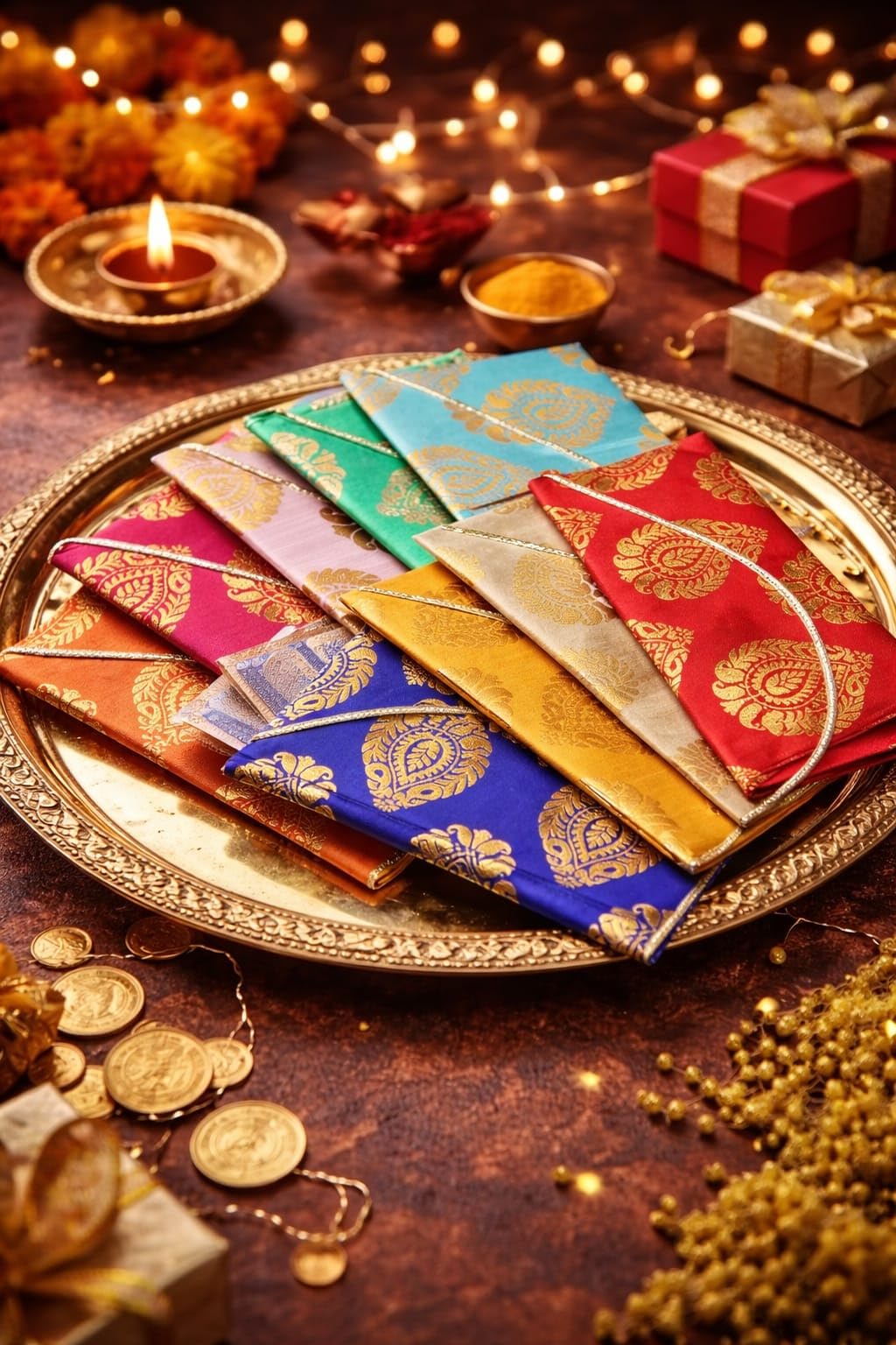 Saudeep India Koperty upominkowe z nadrukiem na pieniądze z surowego jedwabiu premium na ślub, ślub, urodziny, wiele kolorów, 50 szt