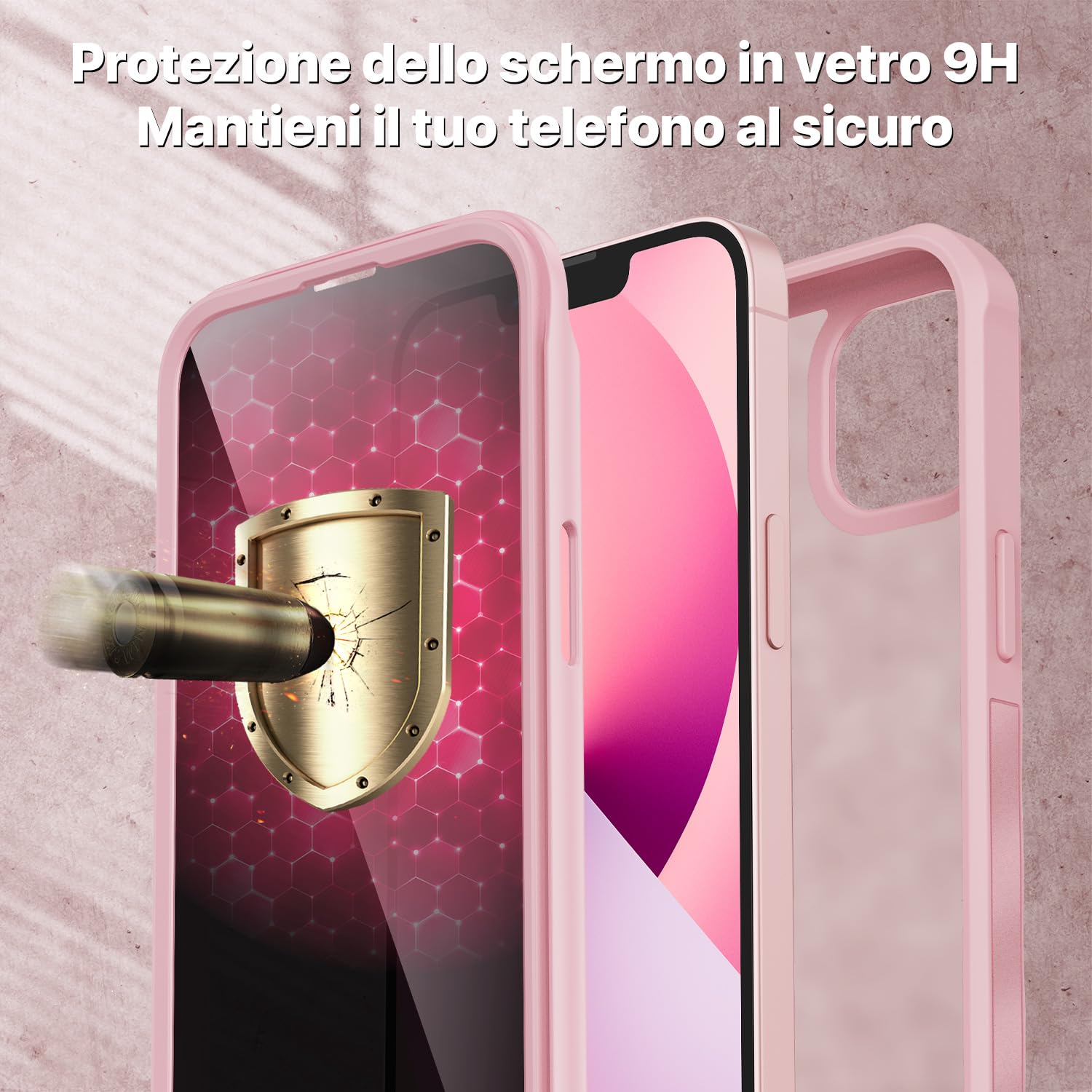 CENHUFO Privacy Cover iPhone 14/iPhone 13, Custodia Antiurto con Protezione Schermo Vetro Temperato Anti Spia e Pellicola Fotocamera [9H HD] 360 Gradi Rugged Fronte Retro Case Doppia Bumper - Rosa