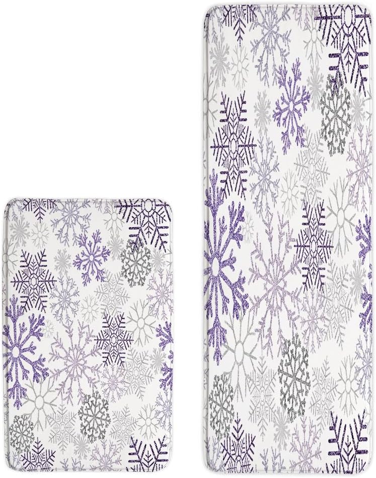 2Pcs Purple Snowflake Bath Mat Winter White Gray Snow Scene Merry Christmas Snowflakes Xmas New Year Holiday Bathroom Rug Bedroom Kitchen Toilet Floors 50X80+40X120 Inch