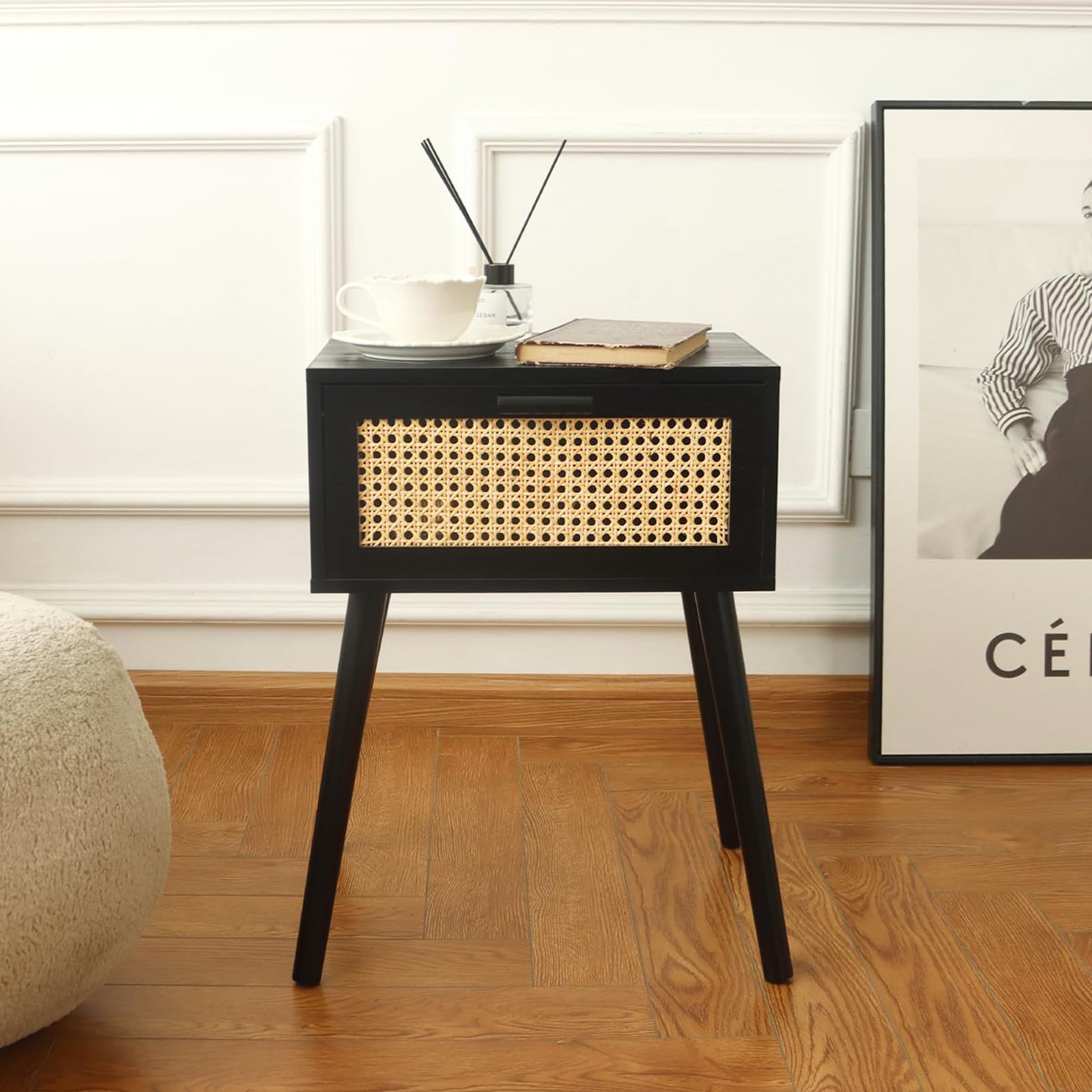 AWASEN Mid Century Modern Nightstand, Rattan Side Table with Drawer, Black Bedside Table with Storage and Solid Wood Legs for Living Room, Bedroom and Small Space (Black)