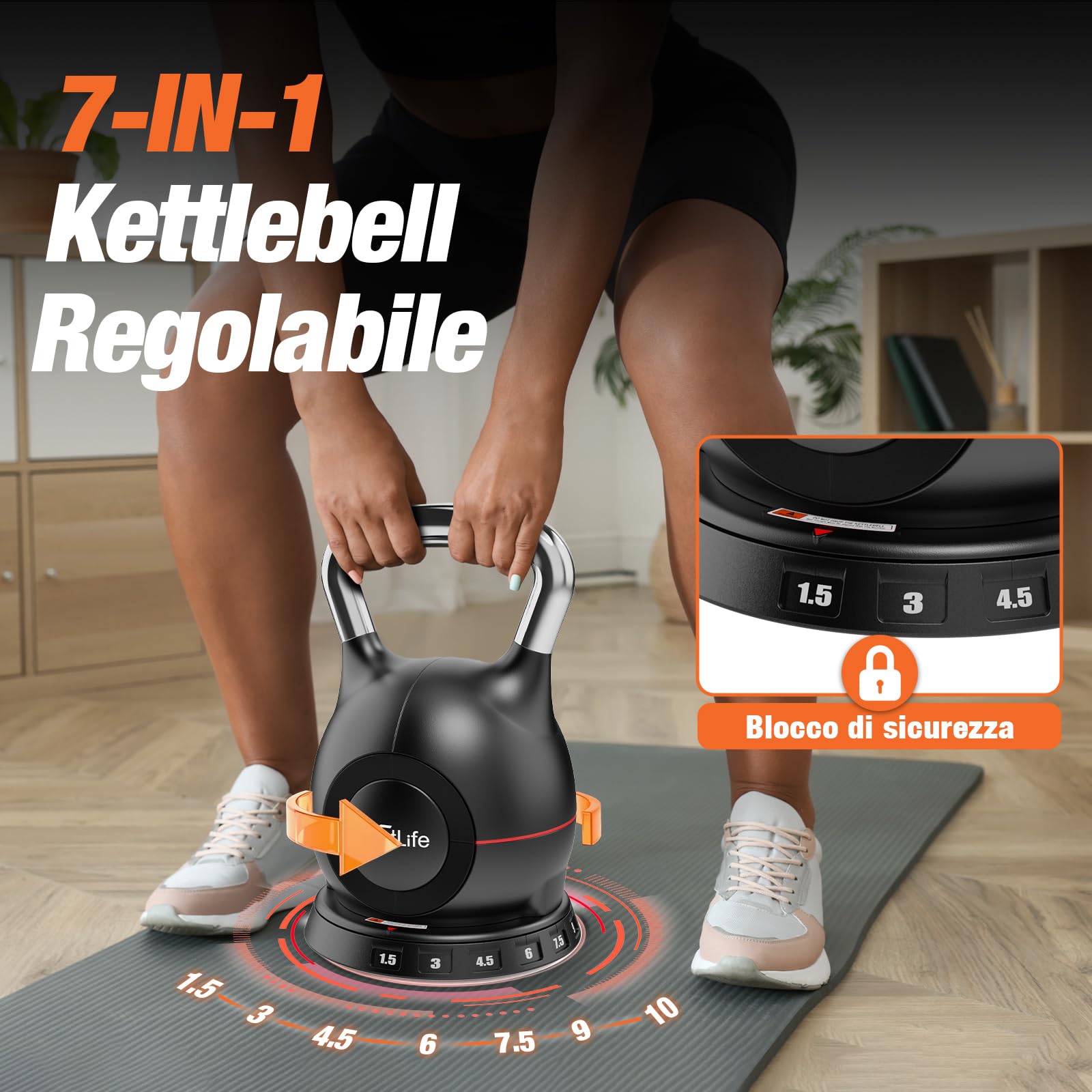 DH FitLife Kettlebell Regolabile 7 in 1 (1,5-10 kg) | Kettlebell con 7 Livelli di Peso | Manubrio per Allenamento a Casa & Fitness | Ideale per Allenamento Completo del Corpo | Compatto & Salvaspazio