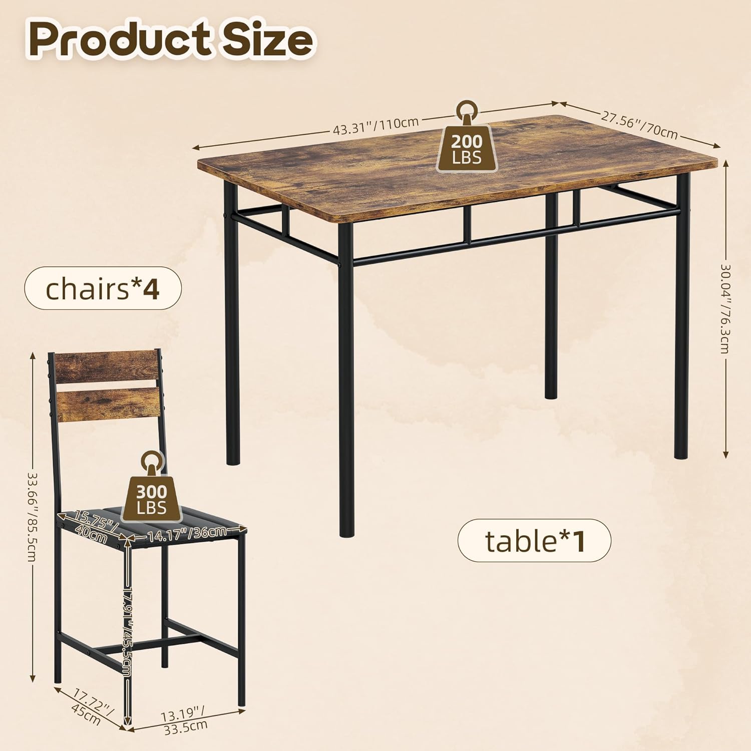 Kitchen Table Chairs Set of 4, 5-Piece Modern Dining Table Set with Upholstered Padded Chairs, Kitchen Table and Chairs for Small Space, Apartment, Rustic Brown