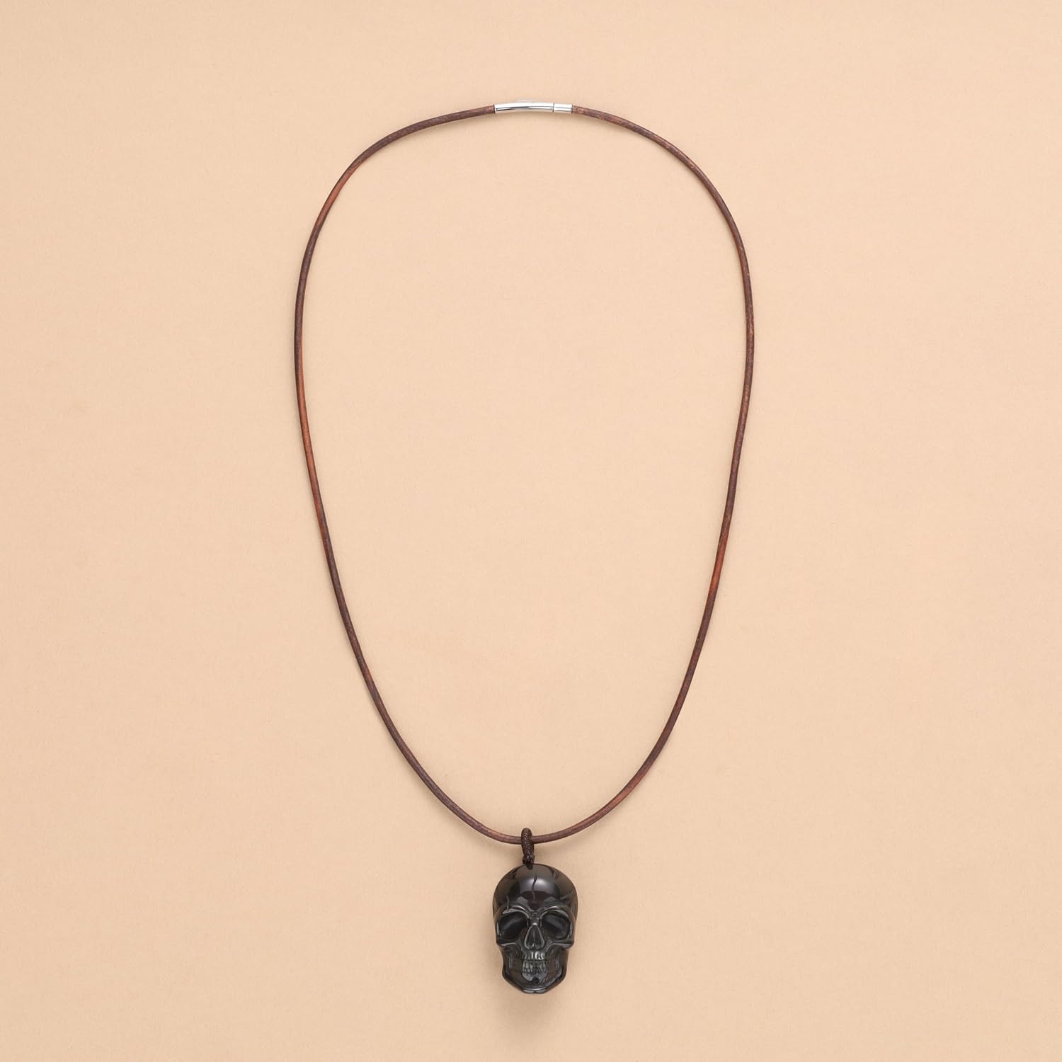 COAI Genuine Leather Necklace for Men, Men's Viking Necklace, Skull/Dragon/Howling Wolf Black Obsidian Pendant