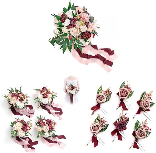 Ling's Moment Paquete preorganizado de Marsala & Blush, incluye ramos de boda para novias (ramo de 11 pulgadas), ramos de boda para dama de honor