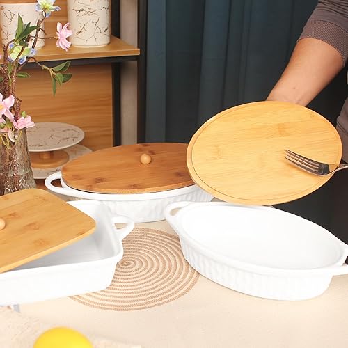 Miniatura 7 de Creativity Home Platos ovalados para hornear gratinados, cacerola de cerámica con cubierta de bambú, bandeja para lasaña profunda para horno,