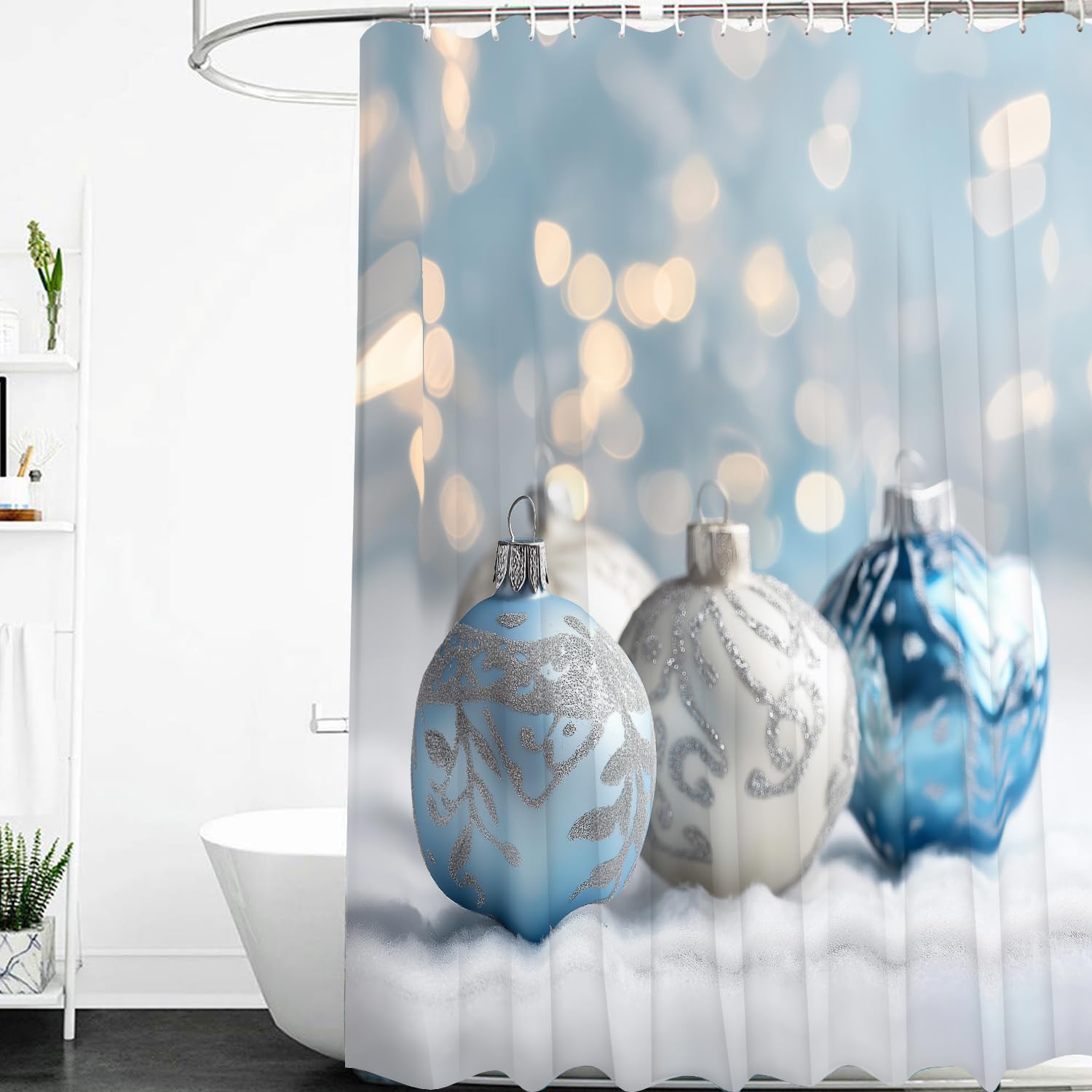 Rideau de douche de Noël bleu et blanc grand format 120x200 lavable