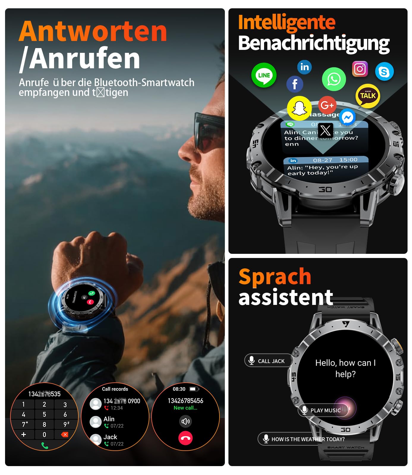 LIGE Smartwatch Herren Militär, 1000mAH Großer Akku, 1,7”HD Großes Display mit Telefonfunktion, LED Taschenlampe Fitnessuhr mit 110+ Sportmodi, Herz-/Schlaftracking,IP68 Sportuhr iOS/Android,Schwarz