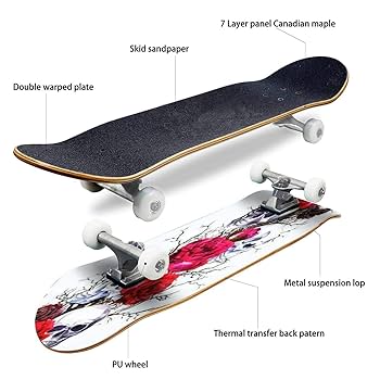 Amazon | スケートボード バラの花と枝の人間の頭蓋骨