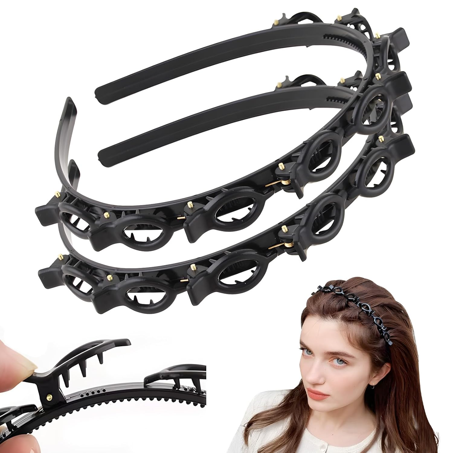 Headband with Clips 2 Pcs Bangs Hairstyle Hairpin Headband with 8 Clips Each, Multi Layer Toothed Braid Tool for Easy DIY Hairstyles, Hair Styling Accessories for Women Girls (Black × 2, One Size)