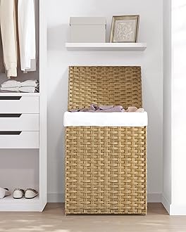 SONGMICS Laundry Basket, 90L Synthetic Rattan Storage Basket with Lid and Handles, Wicker, Foldable, Removable Liners, for Blankets, Clothes, Living Room, Bedroom, Laundry Room, Natural Colour LCB51NL