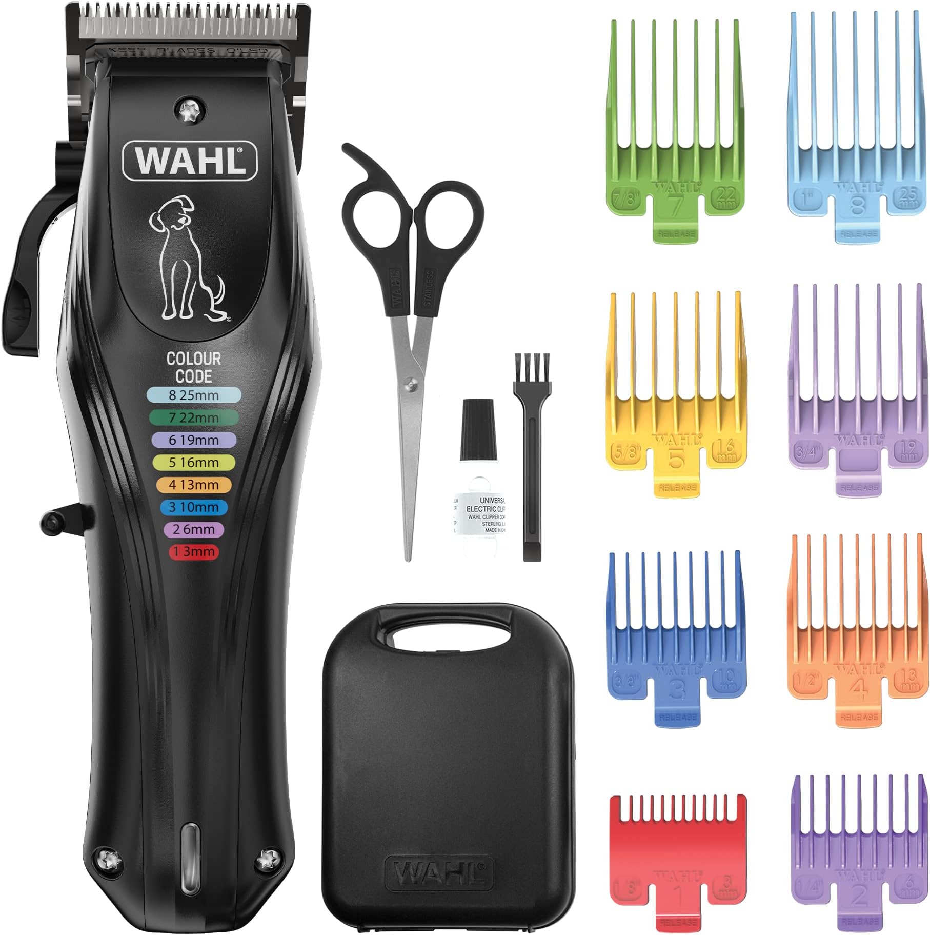 Wahl Colour Pro Rechargeable Pet Clipper – Cord/Cordless Dog Grooming Kit with Precision‑Ground Blade, 120‑Min Run Time & 8 Colour‑Coded Attachment Combs (3–25 mm).