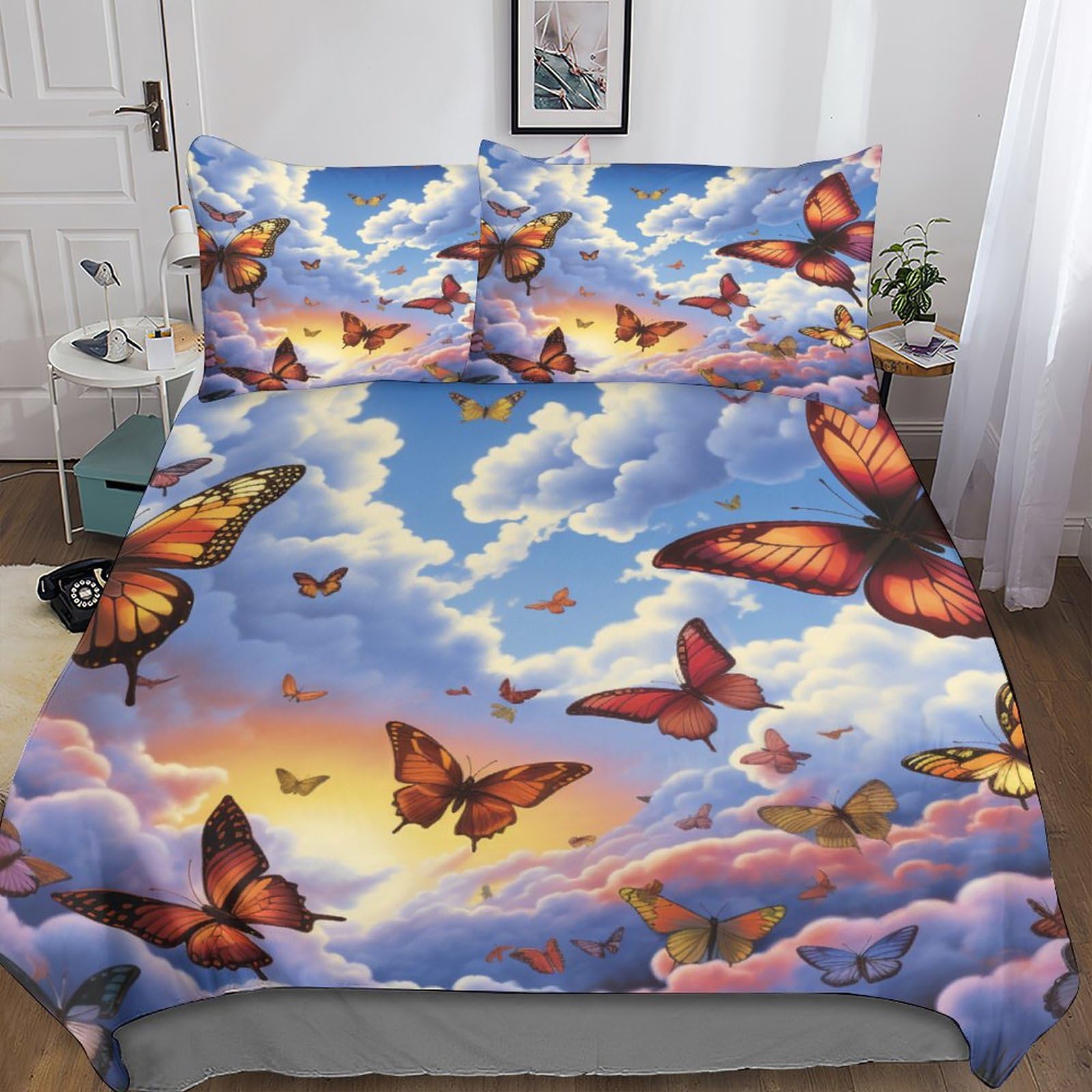 Housses de couettes papillon 220x240cm avec 2 taies d'oreiller