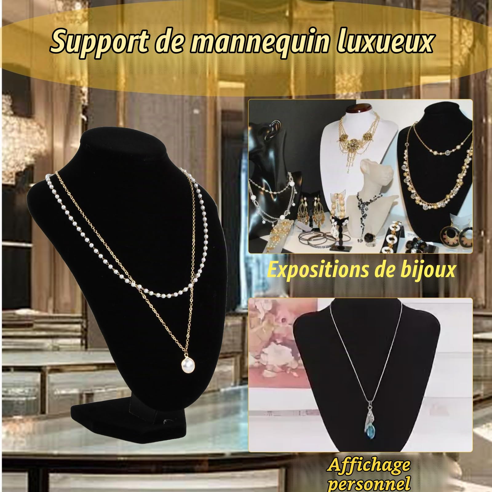 Lot de 2 Présentoir de Collier en Velours, 21 x 16 cm Présentoir à Bijoux Buste, Collier Organisateur de Velours Noir, Porte-collier Présentoir de Bijoux pour Colliers Pendentifs Vente