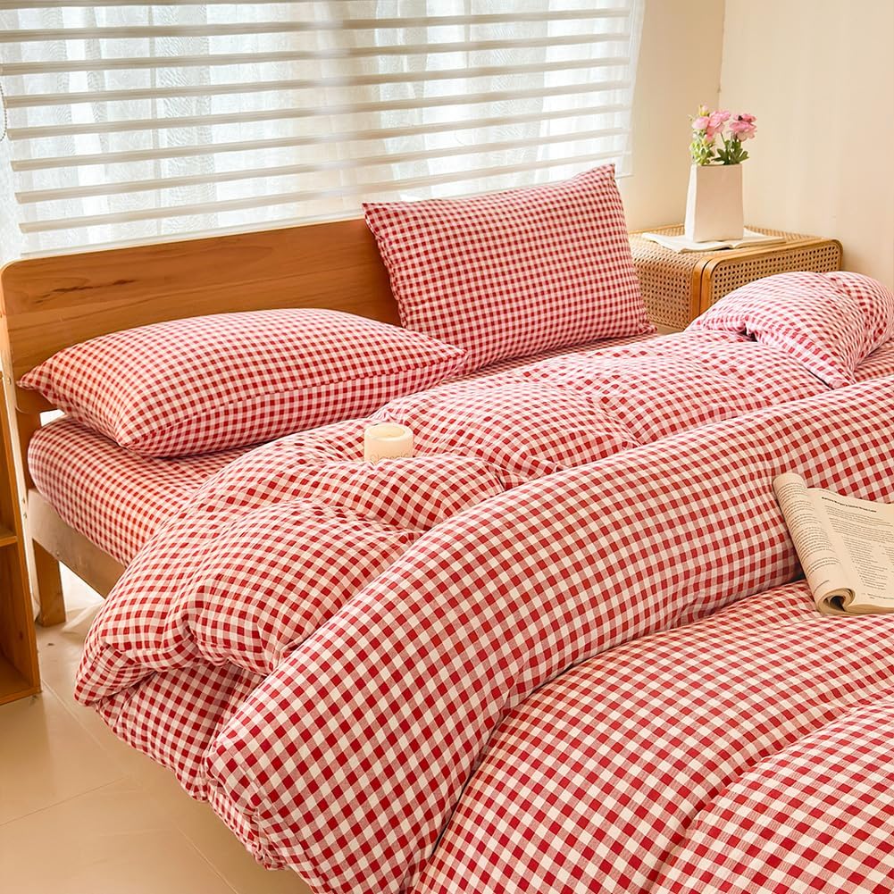 NSNLGSGC Red Gingham Duvet Cover Set Queen, Grid Simple Geometric Square Pattern Comforter Cover,Soft Plaid Washed Microfiber Bedding Cover(3PCS,Queen) - Image 4