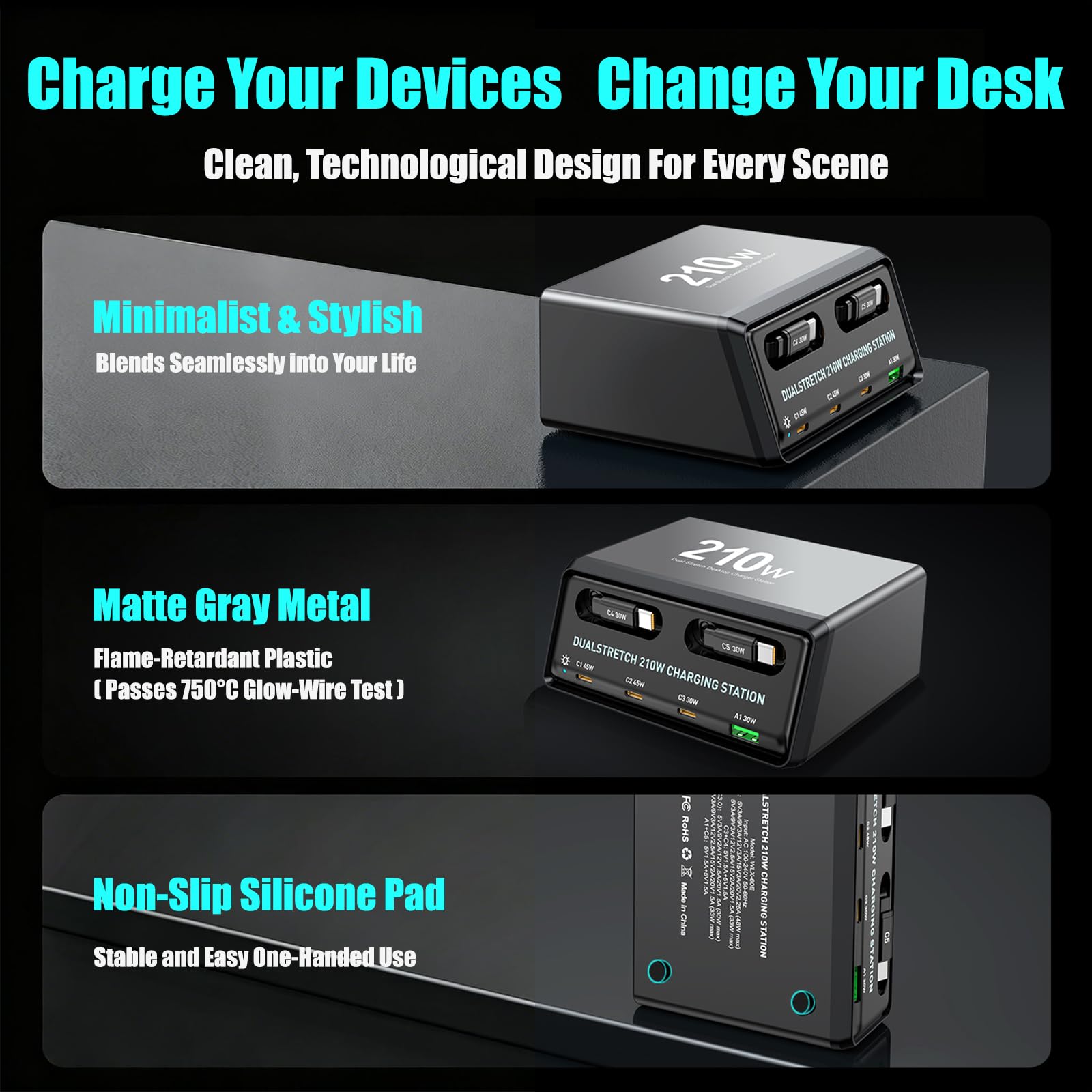 210W GaN Charger with 2 Retractable Cables, 6-Port USB C Charging Station (5C+1A), Dual 45W Ports for MacBook & Laptop, Full-Protocol Fast Charging Home Office Travel Charger for iPhone, Samsung, iPad — view 4