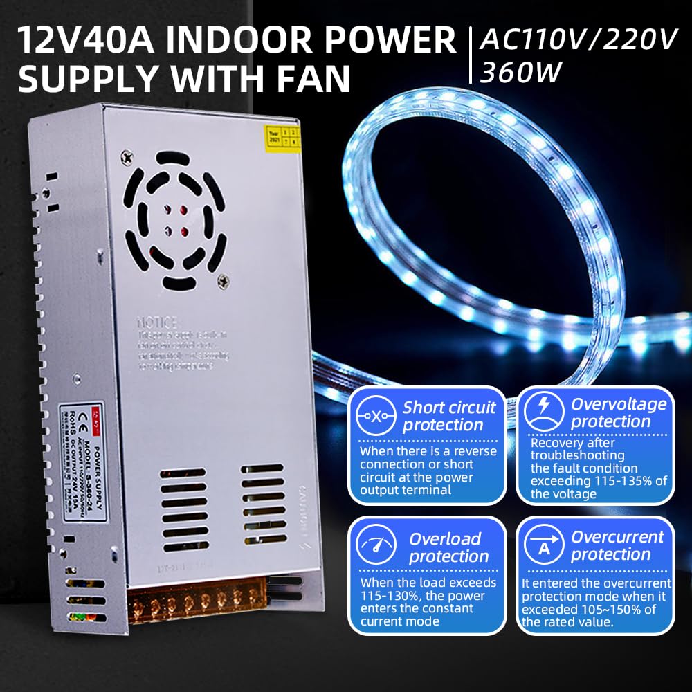 110v to 12v Converter Power Supply Ac to Dc, Camper Diesel Heater Led Power Supply Ac Dc Adapter 12v Volt Transformer Converter, 480w Output 40a Capacity Switching Power Supply