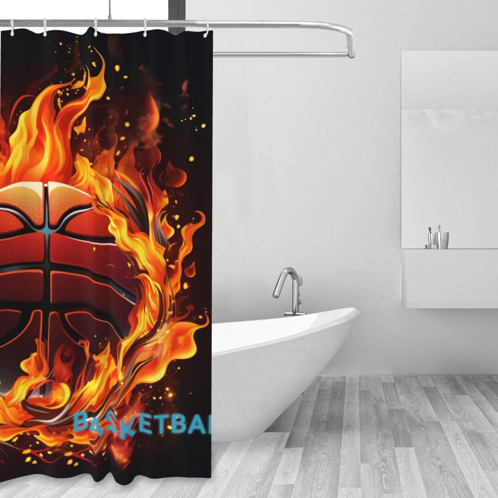Rideau de douche basketball imperméable en tissu pour salle de bain 152x183cm avec 12 crochets