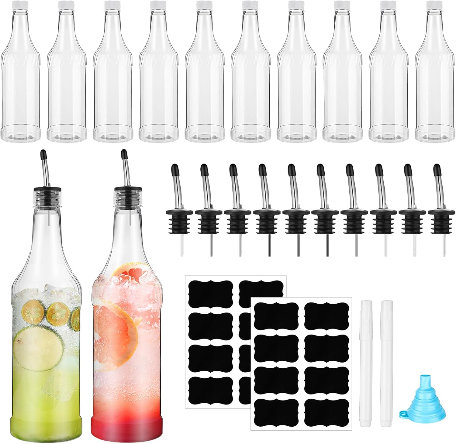 Dandat 24 Pieces 32 oz Plastic Long Neck Bottles with Pourer and Caps Plastic Juice Pour Bottles with Stainless Steel Pourers Tapered Spout for Liquor (Silver)