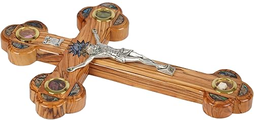 Miniatura 6 de Cruz de madera de 11 pulgadas para colgar en la pared de la tierra santa hecha de madera de olivo, nácar, estrellas y cuatro vasos, regalo para