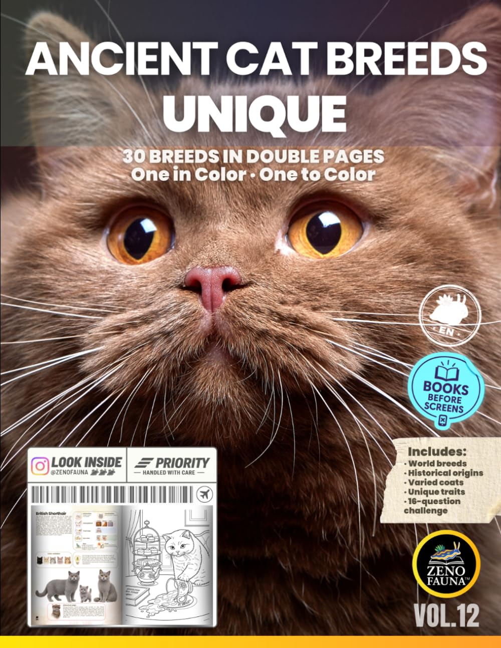 Cats: Ancient Cat Breeds – Unique: 30 Breeds in Double Pages | One in Color and One to Color (Unique Animals)