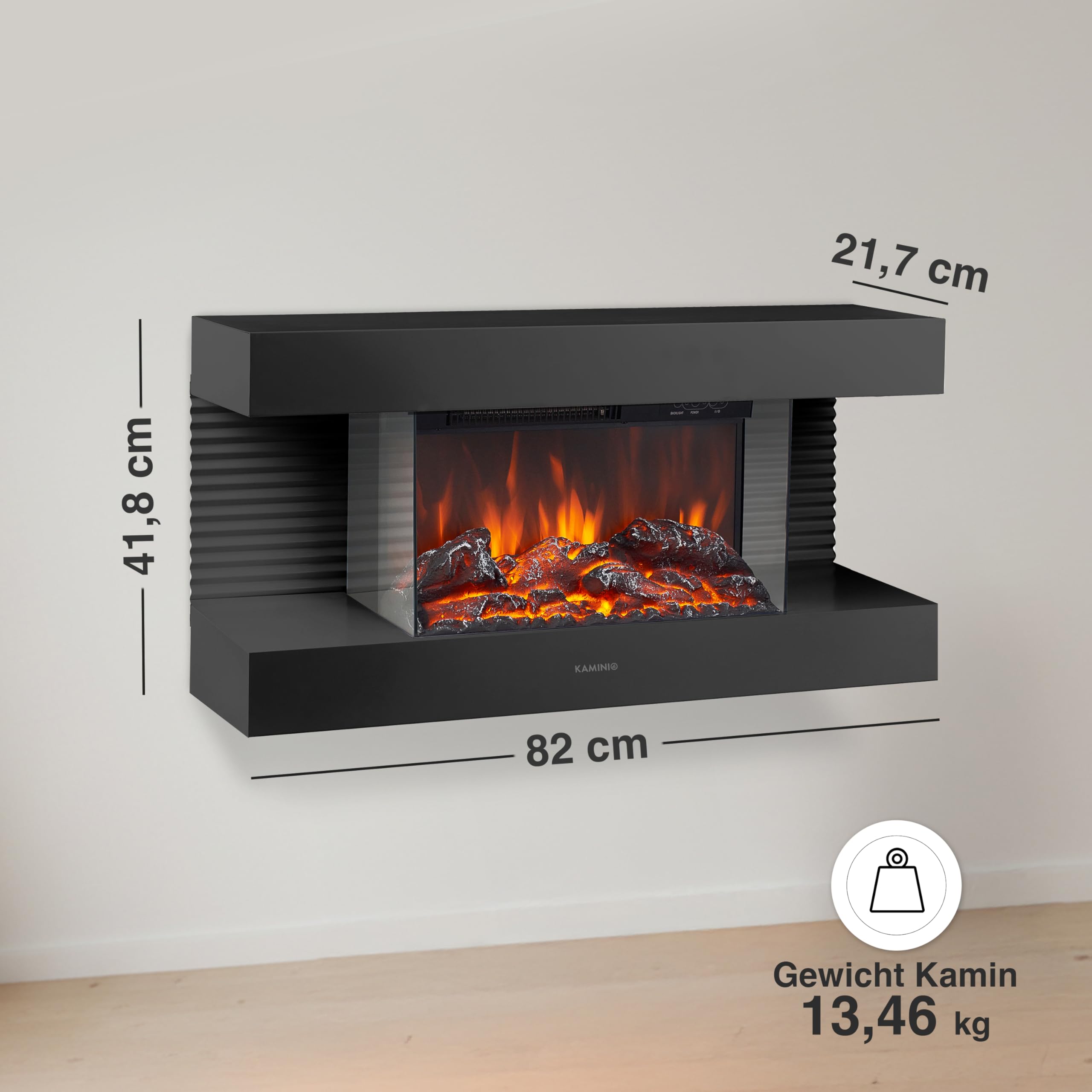 KAMINIO Elektrokamin Liz - Elektrischer Wandkamin mit Heizung, 3D-Flammeneffekt, LED-Ambientelicht, Fernbedienung (Schwarz)