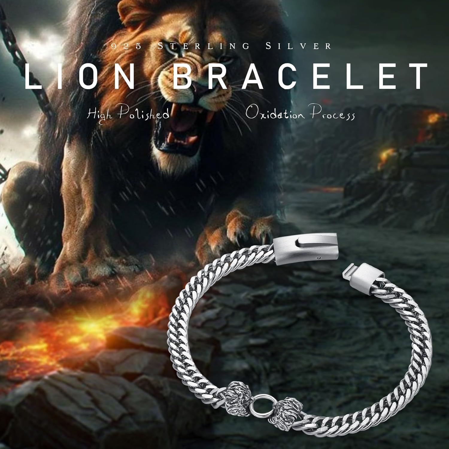 Lion/Wolf Bracelet for Men 925 Sterling Silver Lion Head Cuban Chain Bracelet Clasp Cuban Chain Link Biker Party Jewelry Bracelet Gift for Dad Men - Image 3