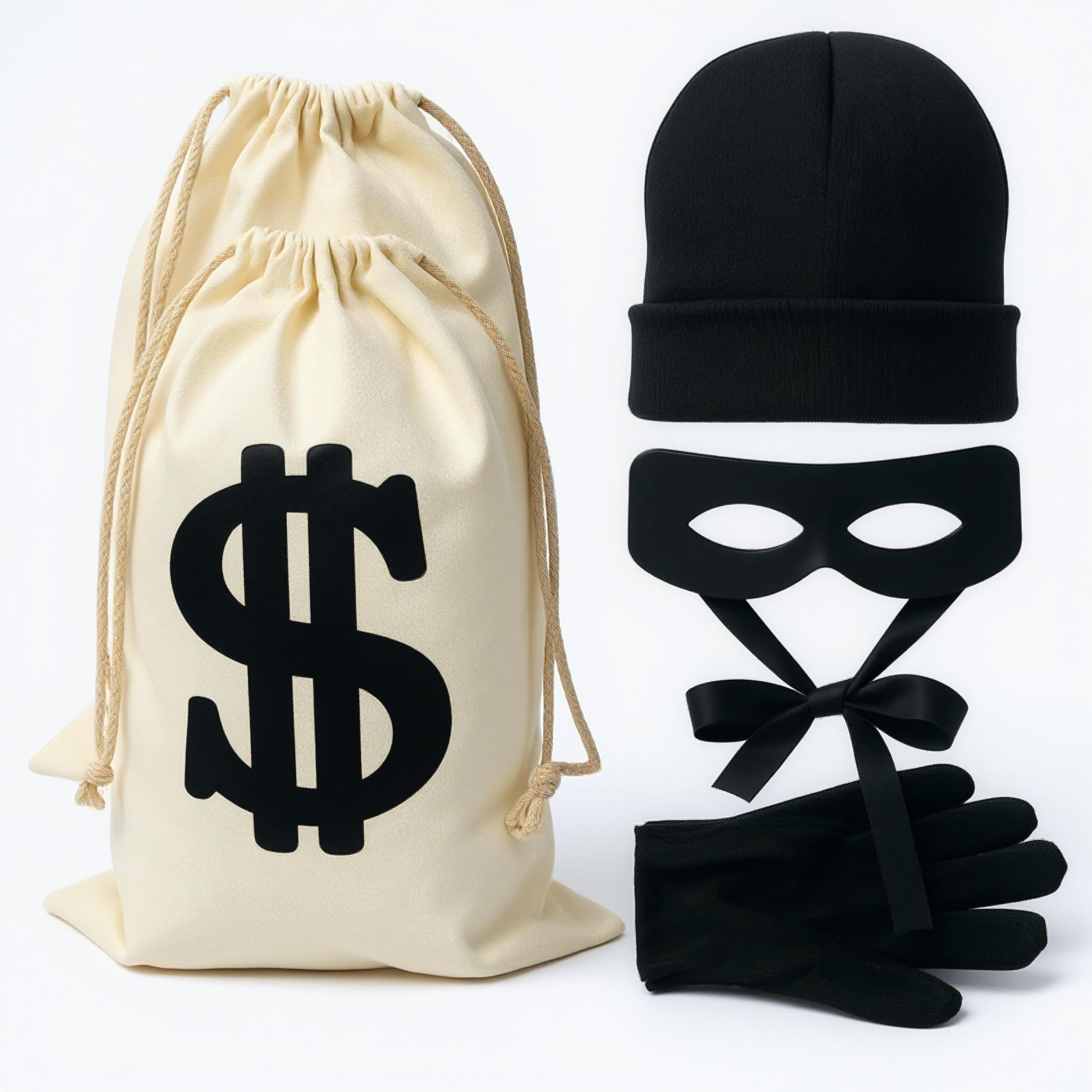 Robber Costume Set，include robber mask Money bag knitted hat gloves for playing cops and robbers,burglar Halloween costume
