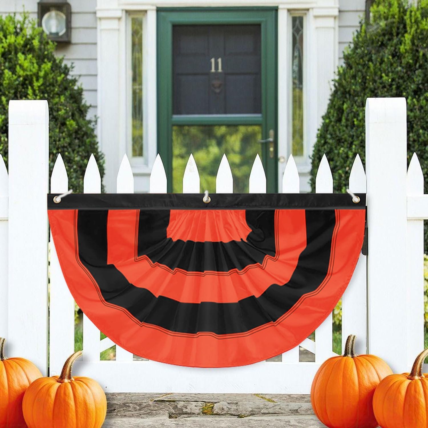 4Pack Halloween Bunting Flags 2x4ft Fully Sewn Orange & Black 5 Stripe Pleated Half Fan Flag Banner Trick or Treat Happy Halloween Party Decor Outside Porch Yard Garden Indoor Wall - Image 7