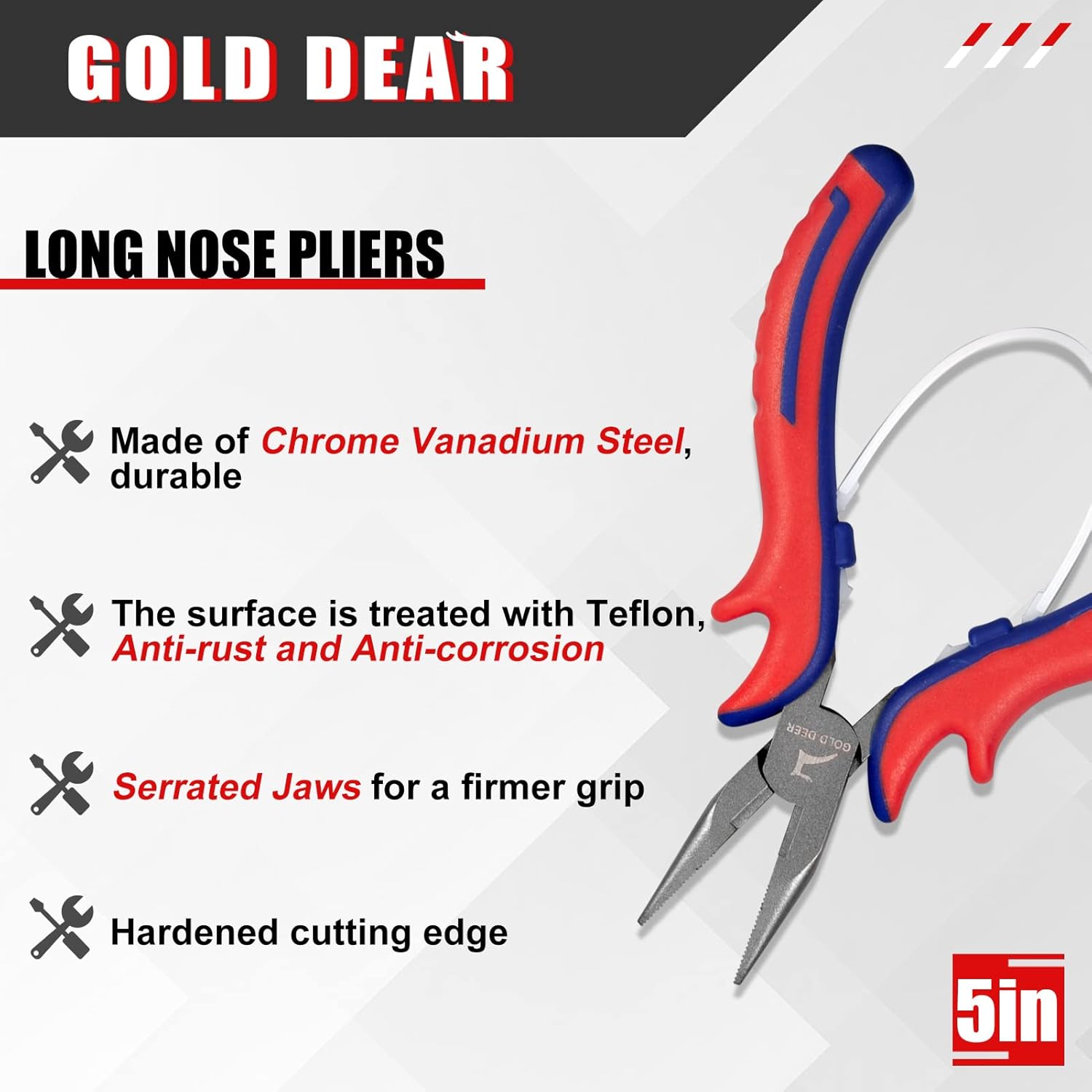 GOLD DEER 5" Mini Long Nose Pliers with Serrated Jaws Long Nose Needle Nose Pliers with Wire Cutters, CRV Steel Body with Teflon Finish and Professional Handle, Jewelry Plier for Fishing Wire Wrapping