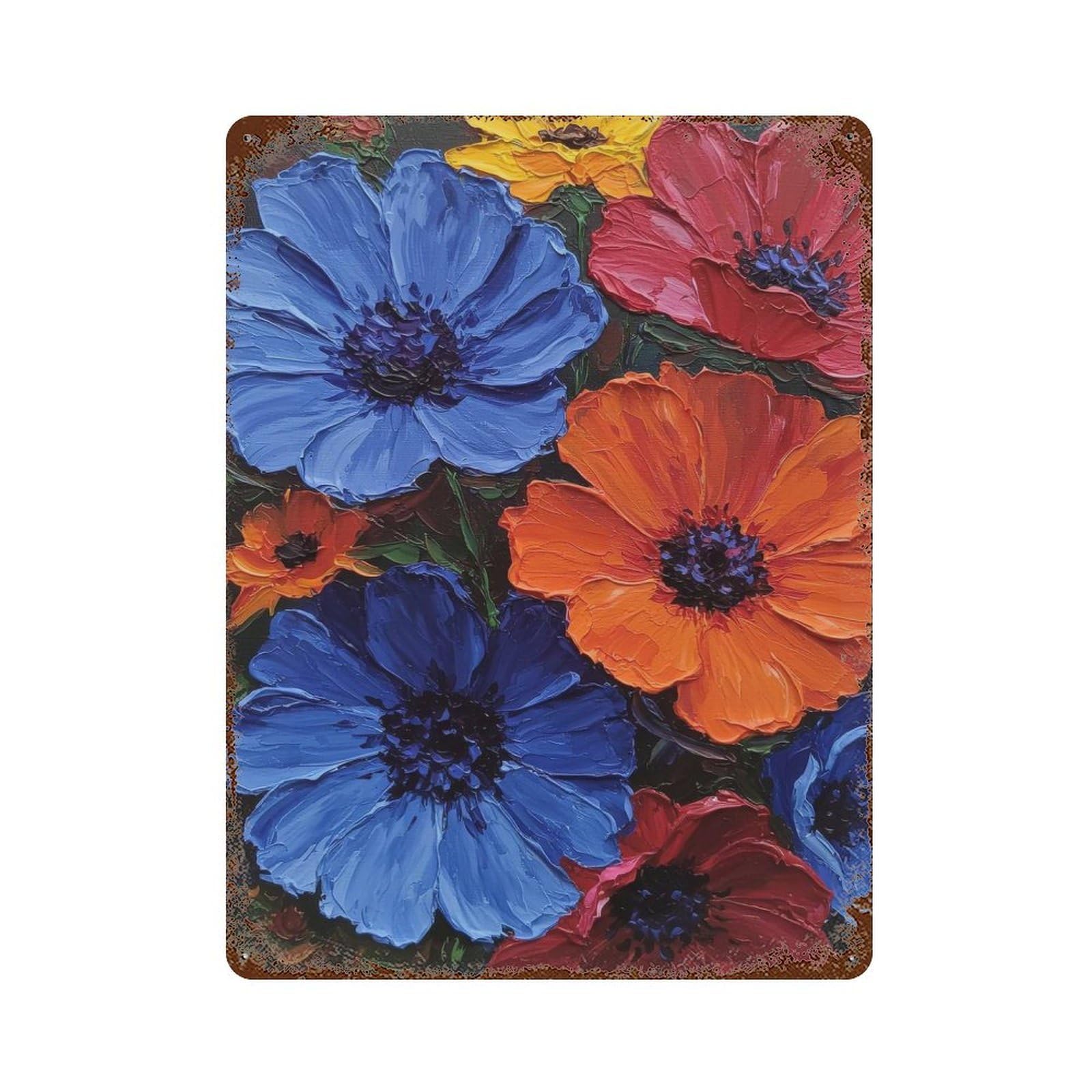 Vibrant Flower Bouquet Vintage Wall Sign 15.7"x11.8", Rust Effect Metal Decor for Basement, Hobby Room And Garage Decor