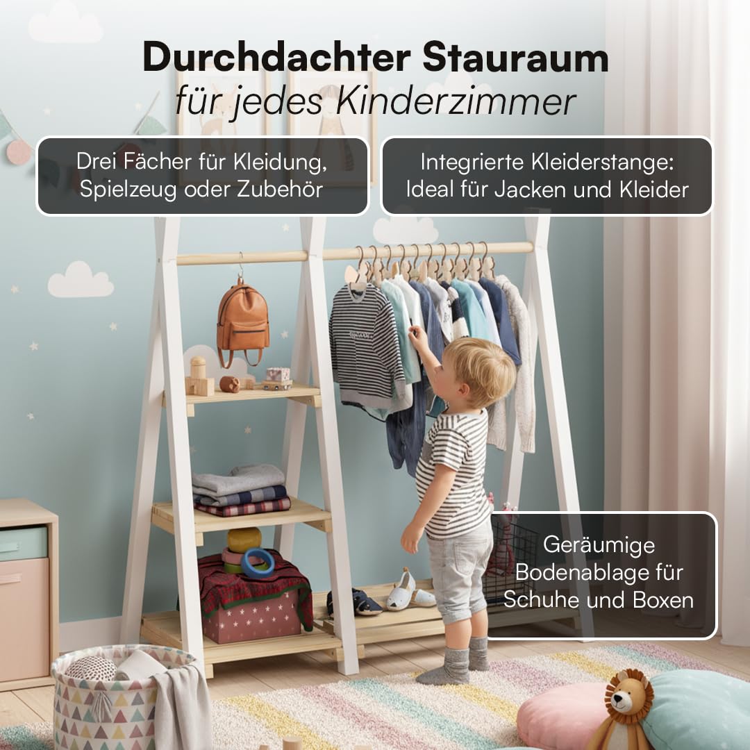 Bellabino Ryck Kleiderstange für Kinder – Kleiderständer aus Massivholz Natur/Weiß mit 4 Ablageflächen – Montessori Kindergarderobe für Jungen & Mädchen – Garderobe mit Schuhablage für Kinderzimmer