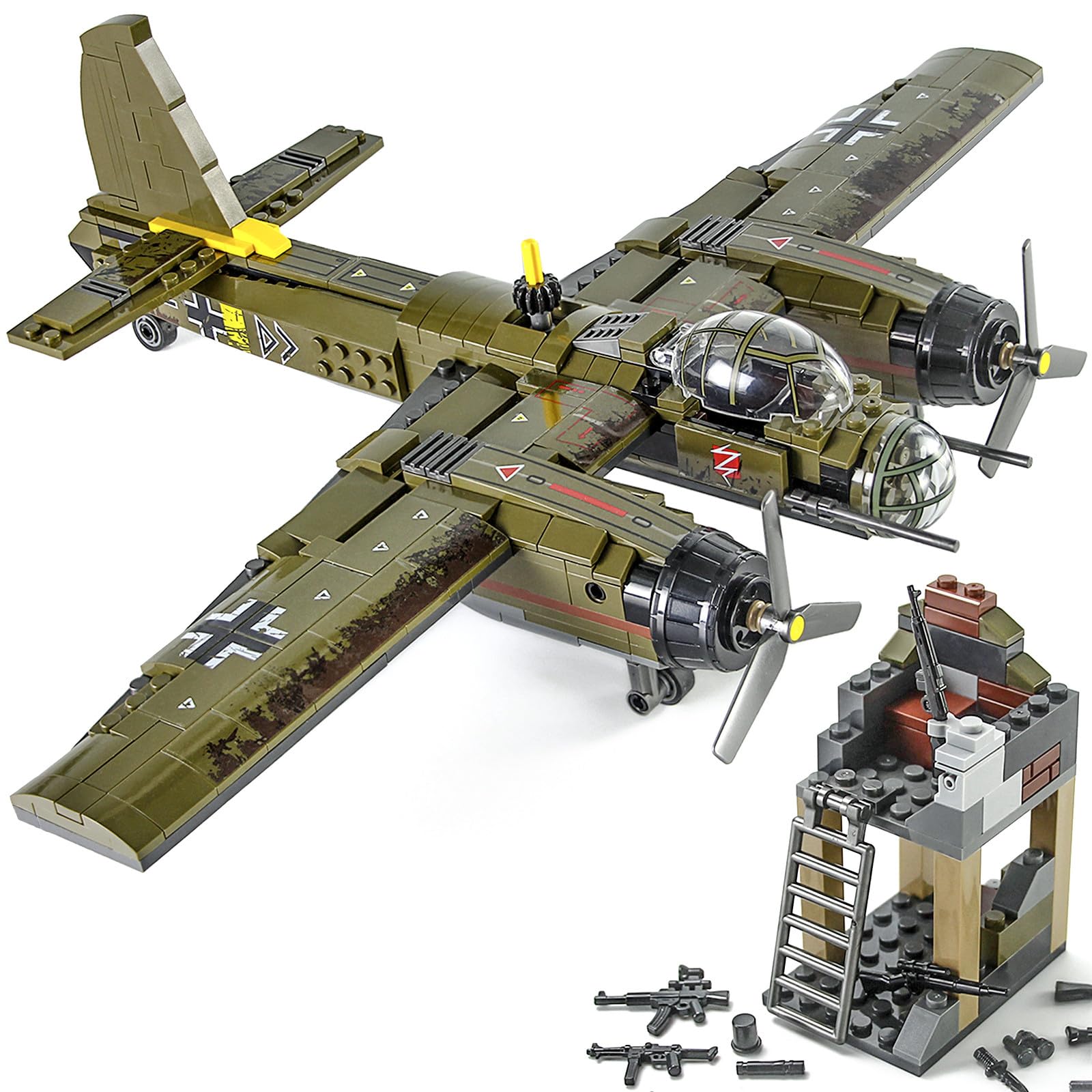 Feleph JU-88 WW2 Plane Building Bricks Kit 559 PCS German Bomber with Military Base and Pilot Figures Airplane Model Aircraft Fighter Block Toy for