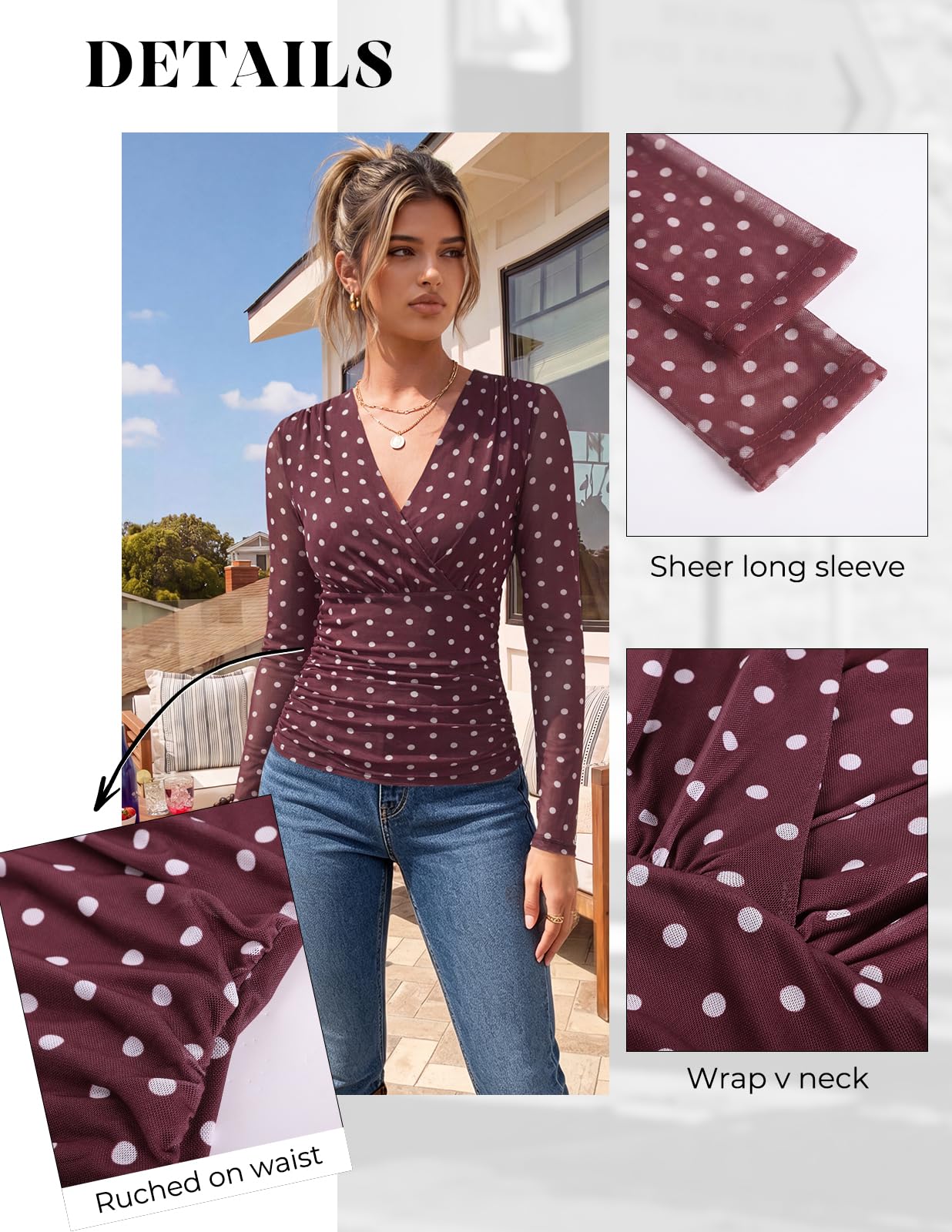 GRACE KARIN Blusa elegante plisada con flores para mujer | Volantes Abdomen Tops Vintage Cuello de Pico Slim Fit Blusa Envolvente Malla Transparente Manga Larga Camisa Otoño Invierno