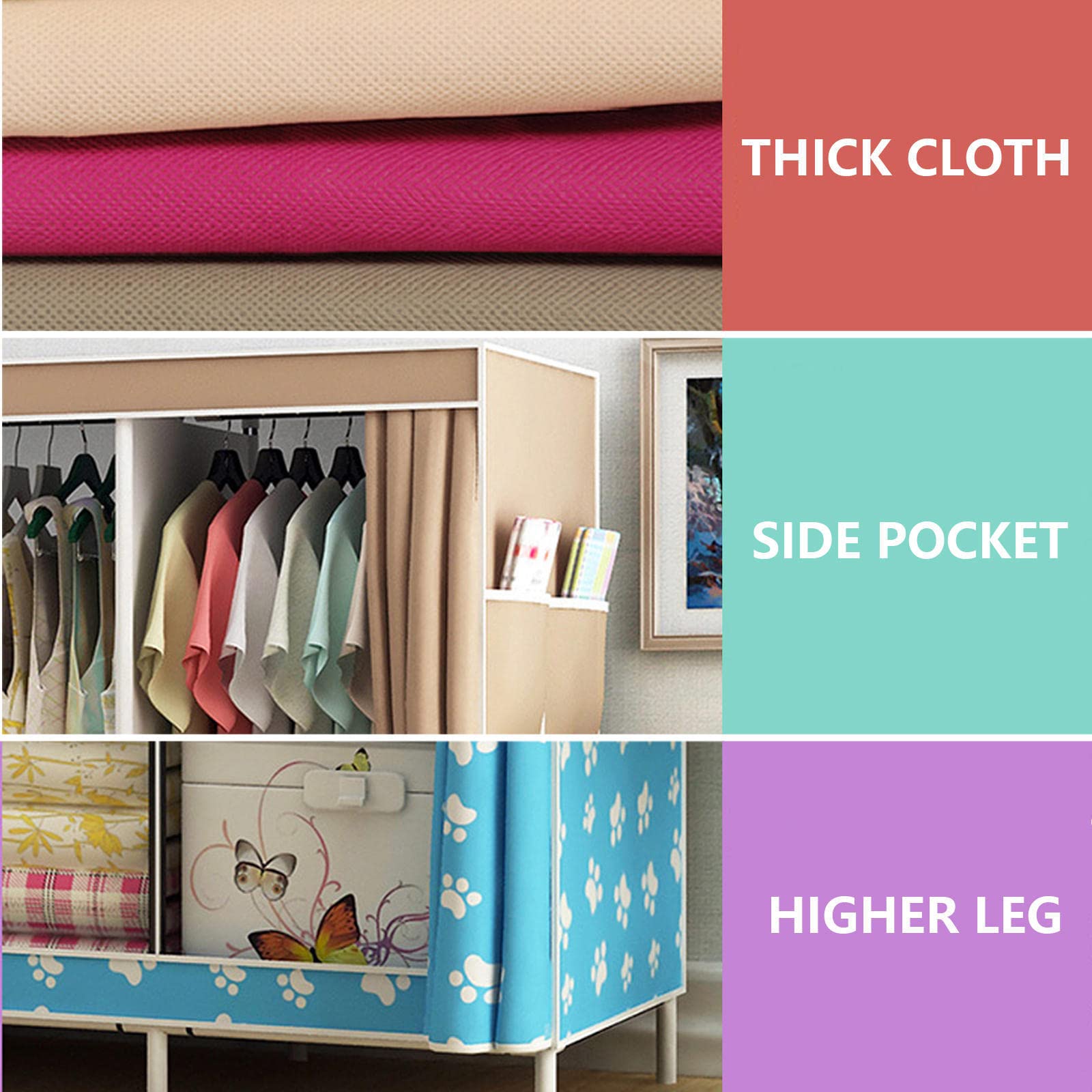 Kleiderschrank Tragbarer Kleiderschrank, Canvas-Kleiderschrank, Kleiderschrank-Aufbewahrungsorganisator mit 3 Kleiderstangen und Seitentaschen, Stoffschränke für Schlafzimmerkleidu