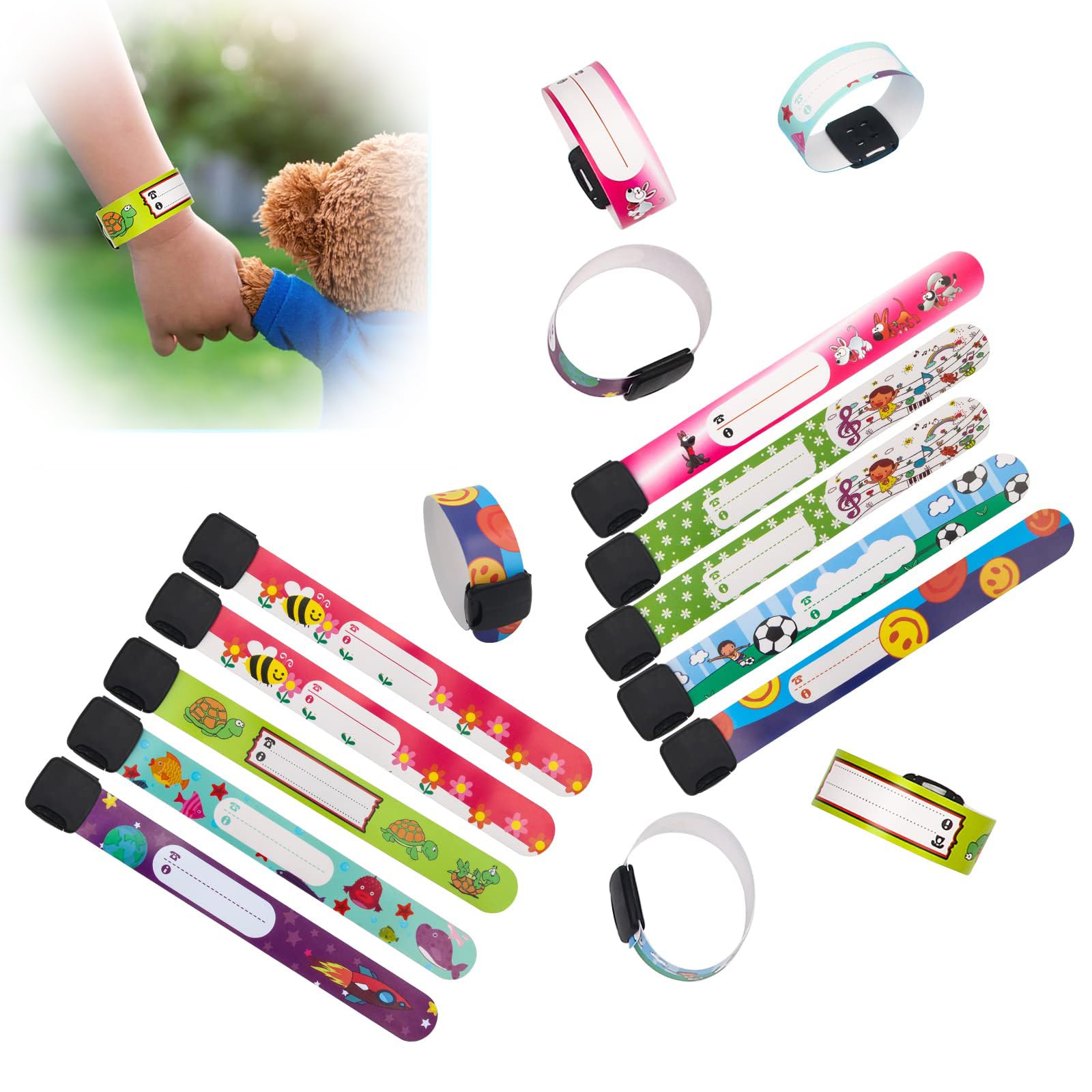 MAKINGTEC16 Pieces Child Safety ID Wristband, Pletpet Adjustable & Waterproof Kids Id Bracelets, Reusable Identification Bracelet Wristbands for Boys and Girls Outdoor Activity (8 Styles)