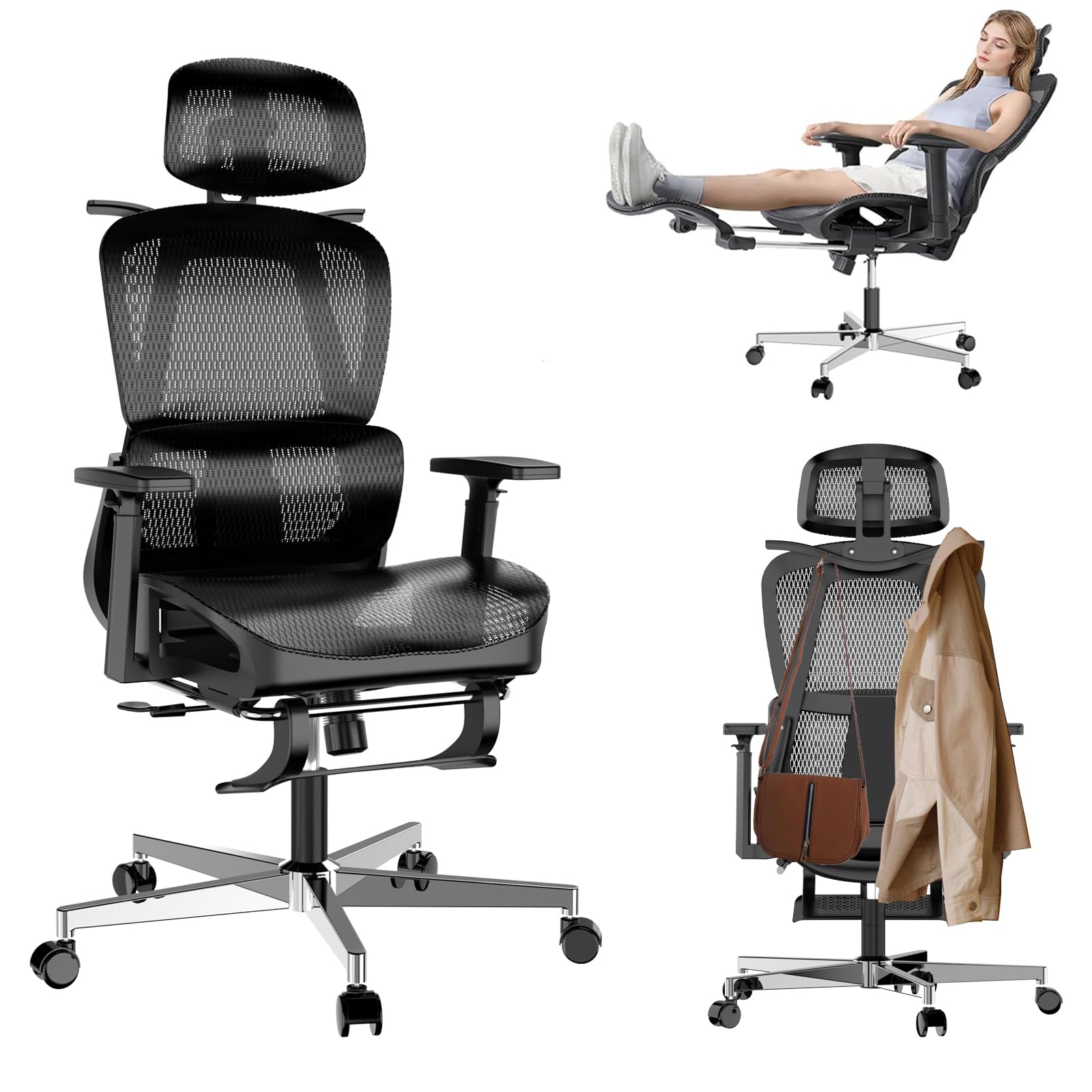 YOBWIK Silla de Oficina Ergonómica,con Pedal telescópico,Soporte Lumbar, Reposabrazos Reposacabezas Ajustable, Silla Escritorio para Computadora Giratoria con Respaldo Malla Transpirable,Negro