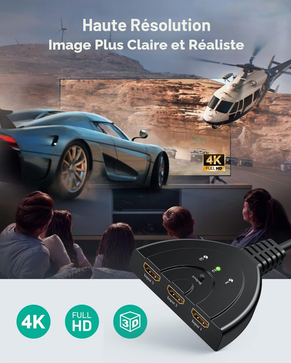 GANA HDMI Switch 3 en 1, 3 Ports Commutateur HDMI Sélecteur Splitter Manuel, Full HD 4K 3D