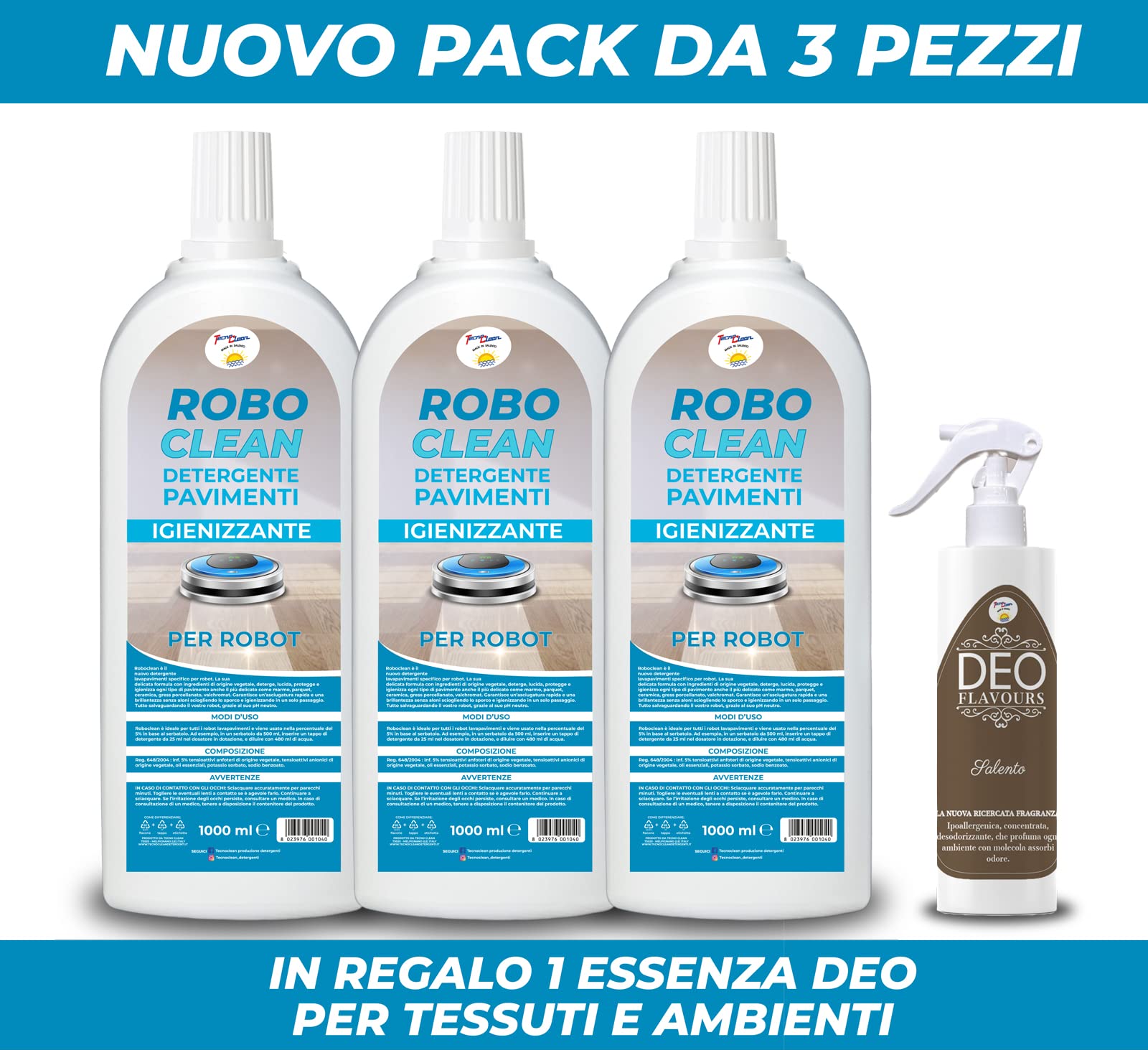 Roboclean (3 bottiglie da 1l +1 Essenza per Tessuti e ambienti da 250 ml) - Detergente per robot pulitore, per pavimenti, detergente concentrato lavapavimenti con igienizzante