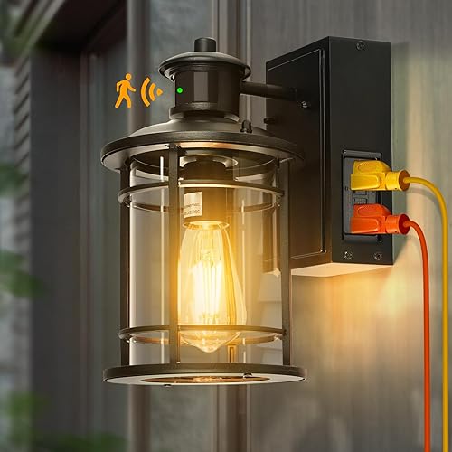 Luces de pared para exteriores, luces de porche al aire libre, sensor de movimiento del atardecer al amanecer, luz al aire libre con salida GFCI,