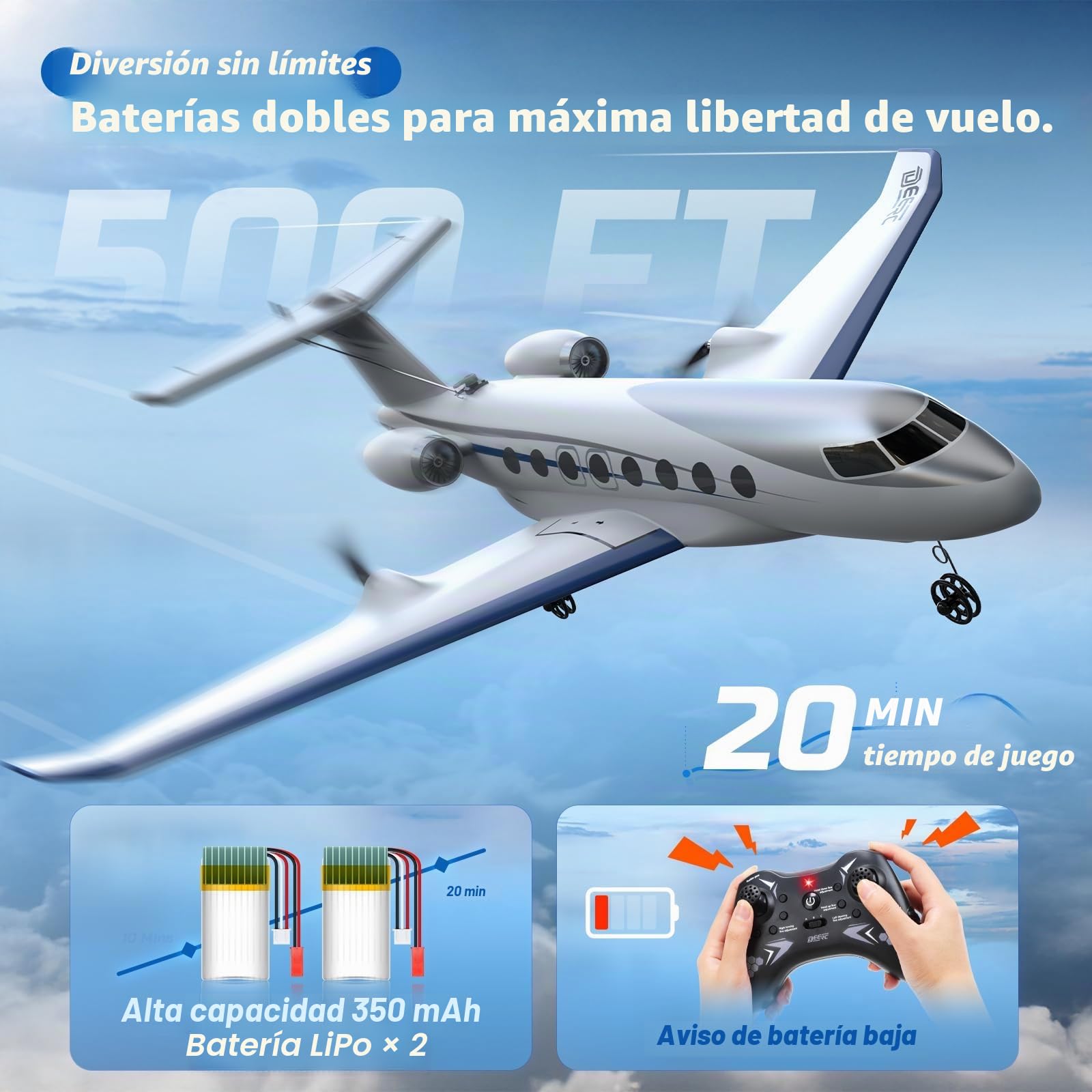DEERC Avion Teledirigido G650, Jet Privado, Avión RC de 3 Canales, Juguete, giroestabilizador de 6 Ejes de 2,4 GHz, Planeador RTF, fácil de Volar, Ideal para Principiantes, niños y Adultos.